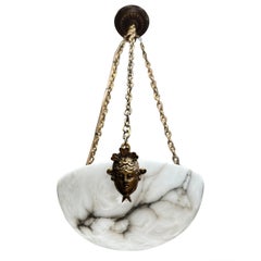 Small & Timeless Antique White Alabaster Pendant Light with Gilt Goddess Masks