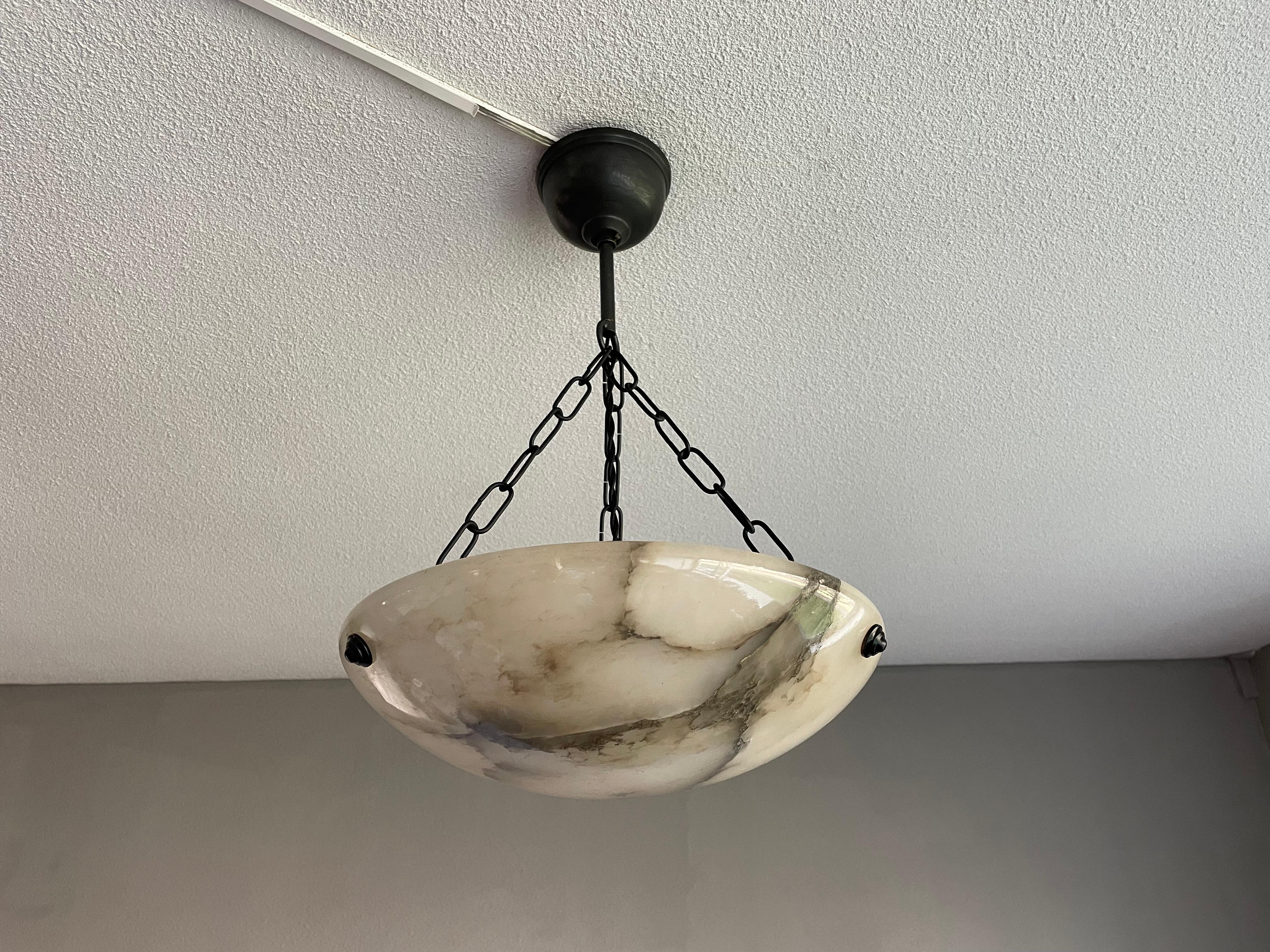 Small & Timeless Art Deco Era White Alabaster Pendant Flush Mount & Brass Canopy In Good Condition For Sale In Lisse, NL