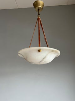 Small & Timeless French Art Deco Alabaster Pendant Light with Leather Rope, 1920