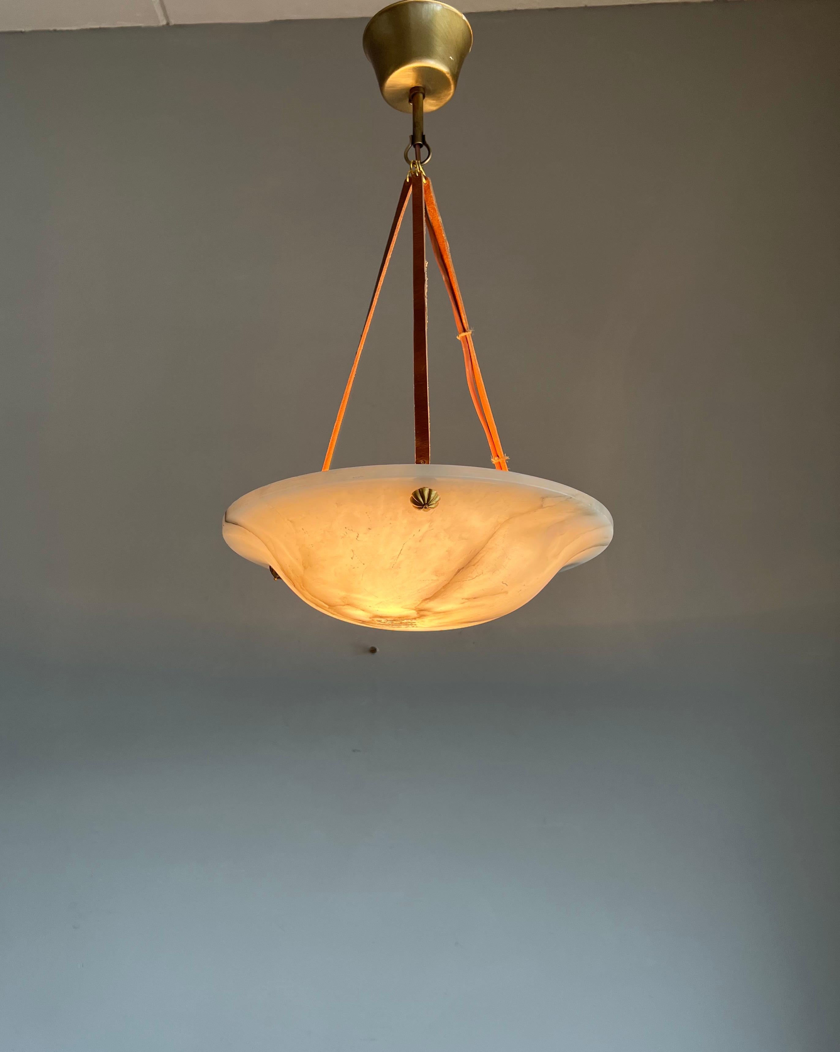 Patinated Small & Timeless French Art Deco Alabaster Pendant Light with Leather Rope, 1920 For Sale