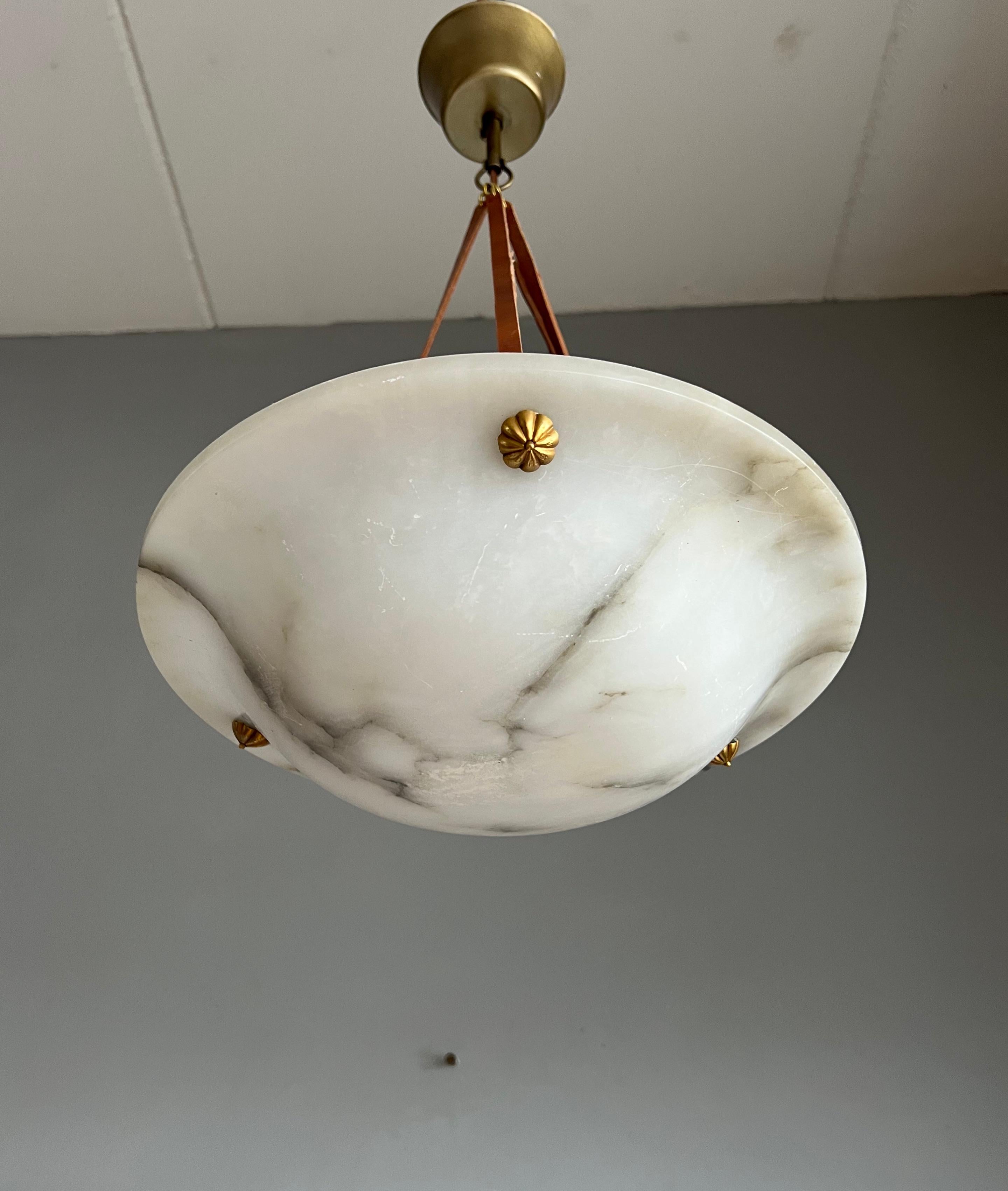 Small & Timeless French Art Deco Alabaster Pendant Light with Leather Rope, 1920 In Good Condition For Sale In Lisse, NL