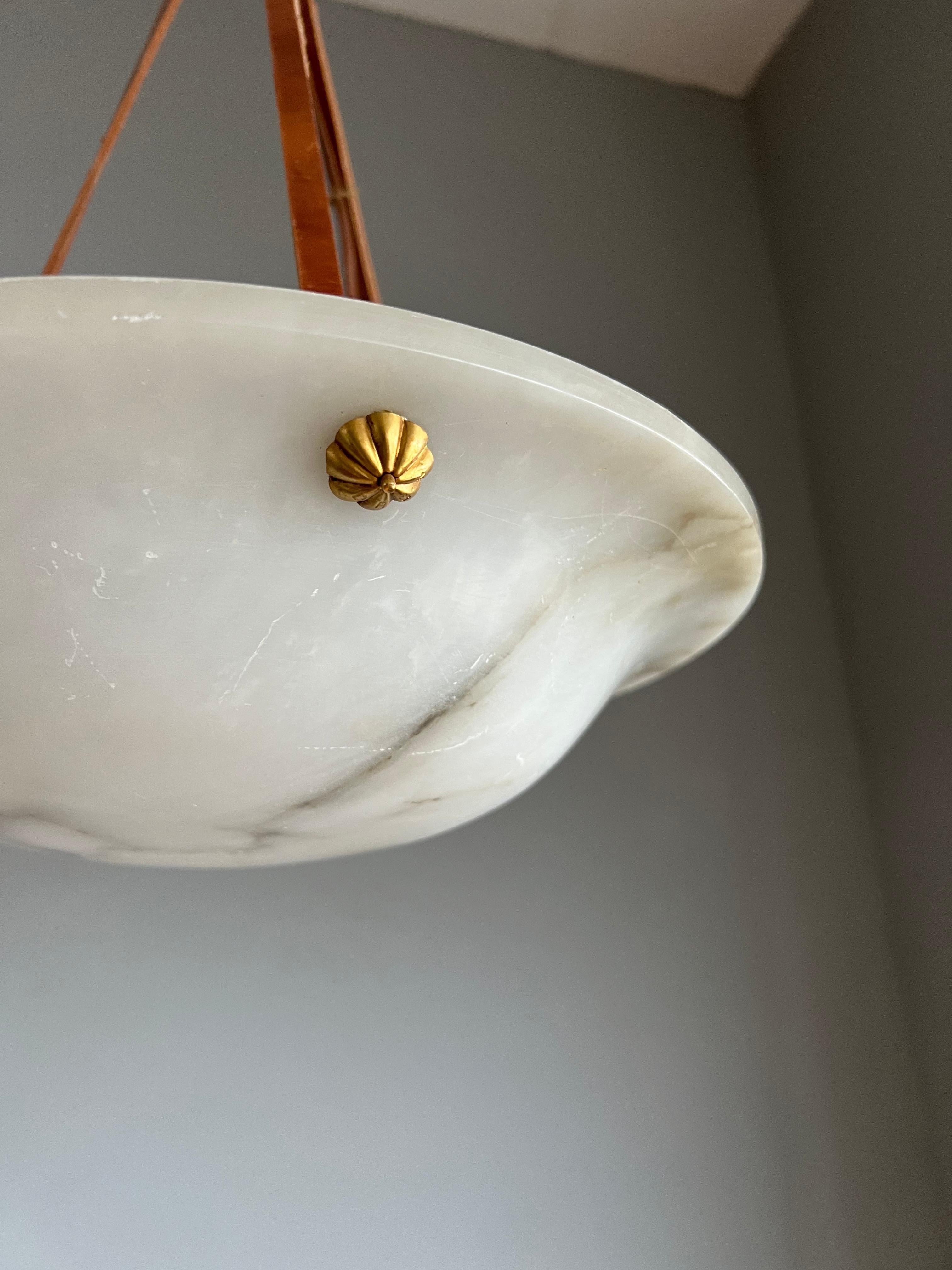 20th Century Small & Timeless French Art Deco Alabaster Pendant Light with Leather Rope, 1920 For Sale