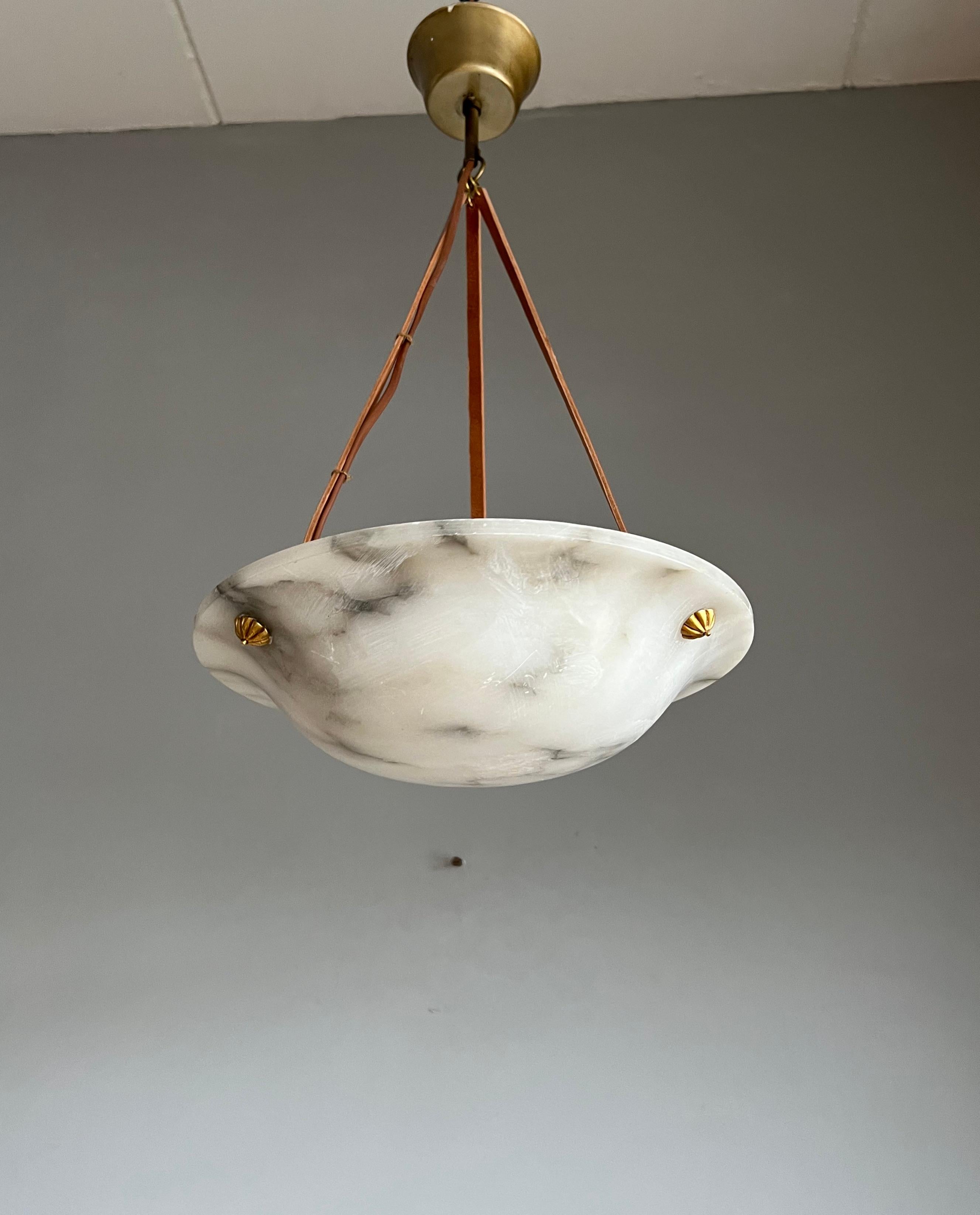 Brass Small & Timeless French Art Deco Alabaster Pendant Light with Leather Rope, 1920 For Sale