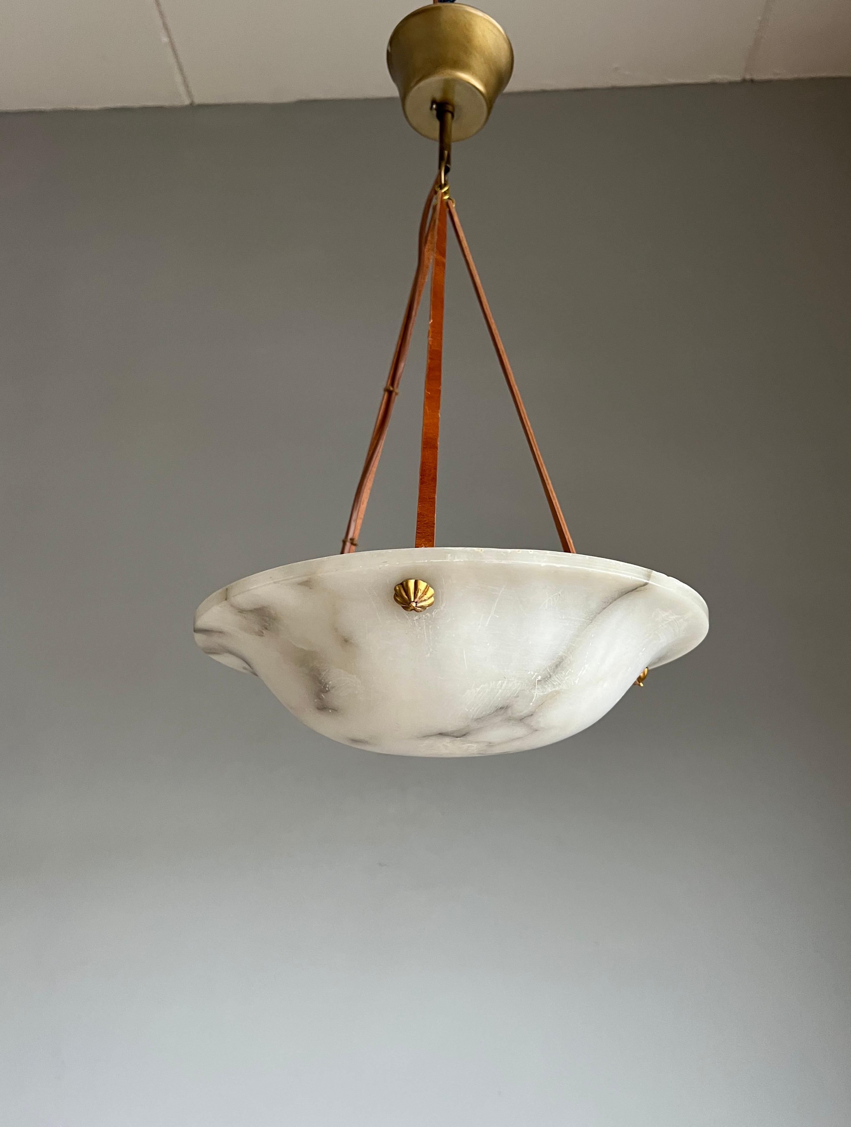 Brass Small & Timeless French Art Deco Alabaster Pendant Light with Leather Rope, 1920 For Sale