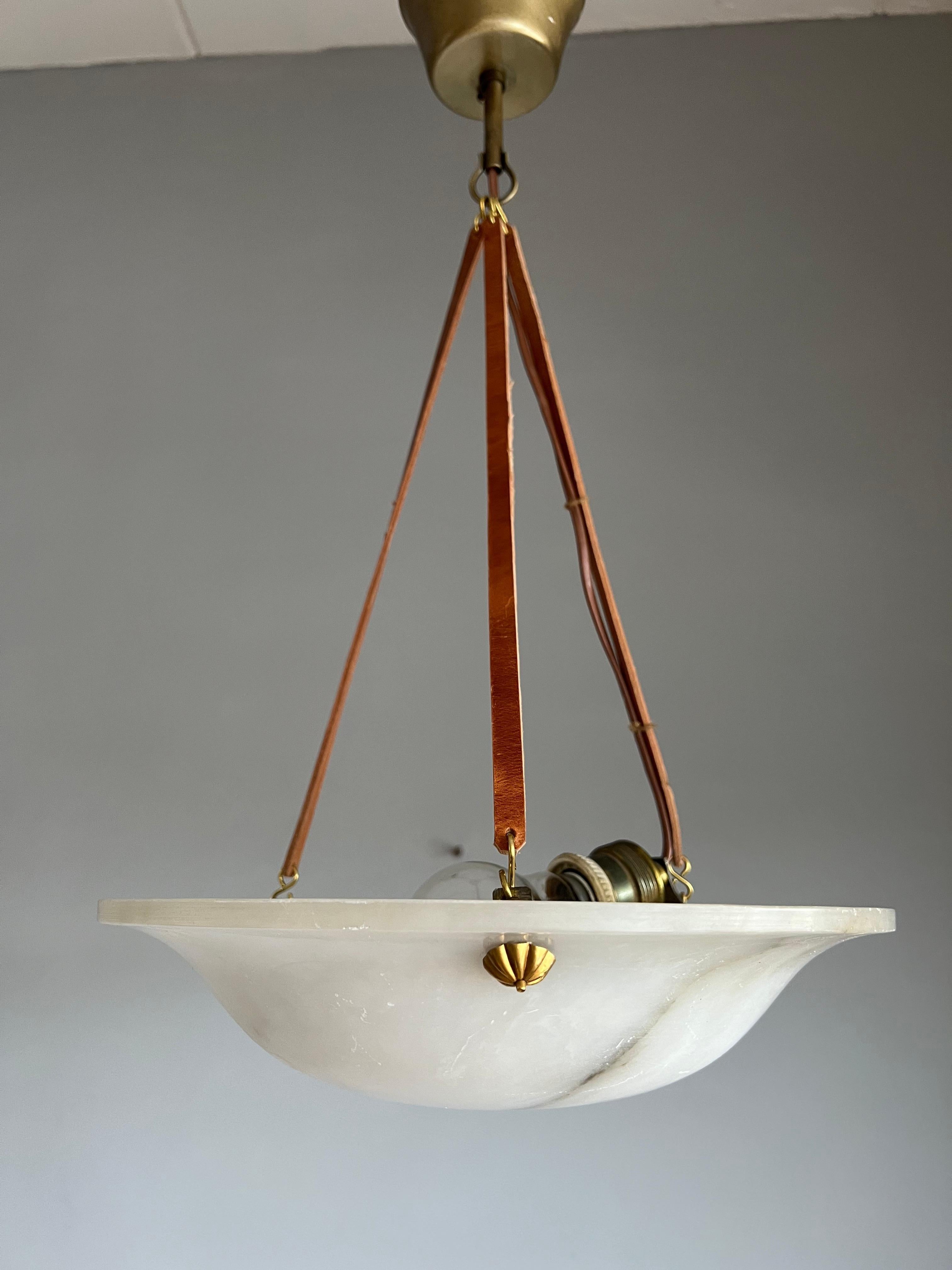 Small & Timeless French Art Deco Alabaster Pendant Light with Leather Rope, 1920 For Sale 2