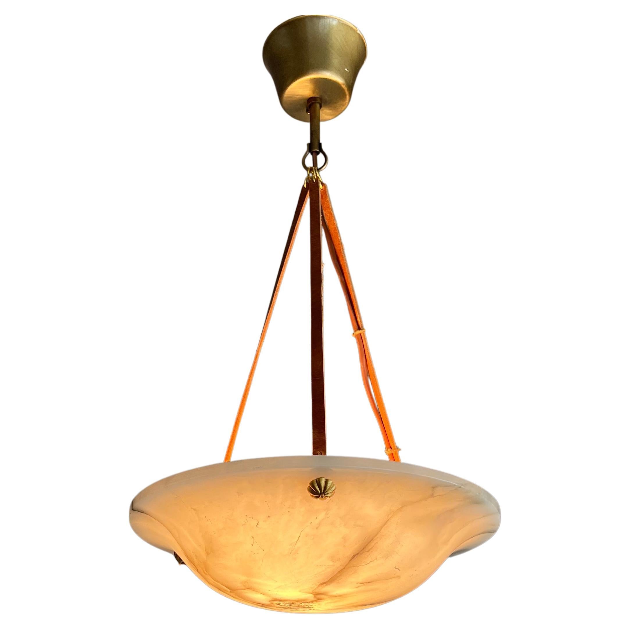 Small & Timeless French Art Deco Alabaster Pendant Light with Leather Rope, 1920 For Sale