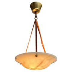 Small & Timeless French Art Deco Alabaster Pendant Light with Leather Rope, 1920