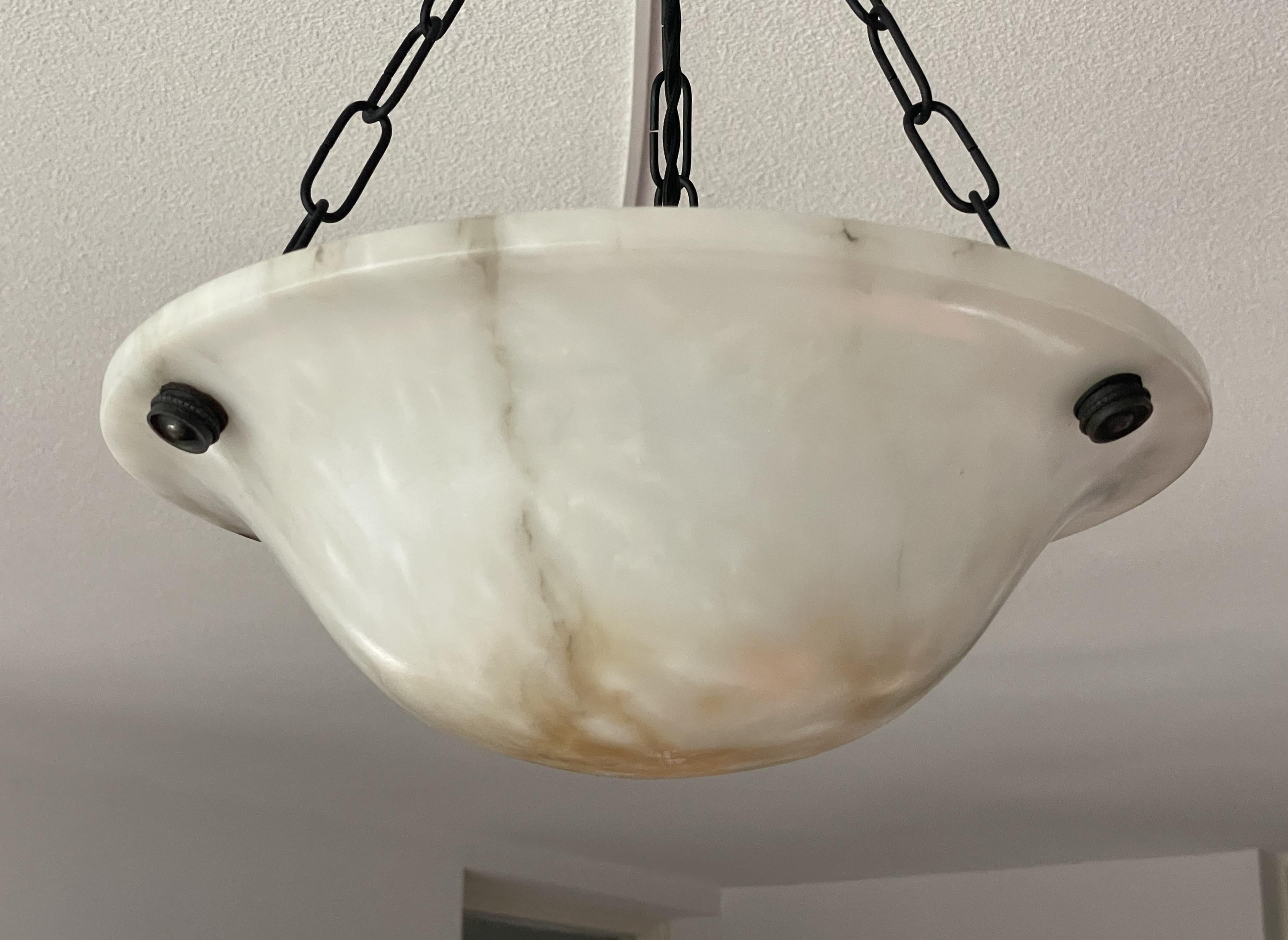 Small & Timeless Near Pair of Art Deco White & Black Alabaster Pendant Lights 3