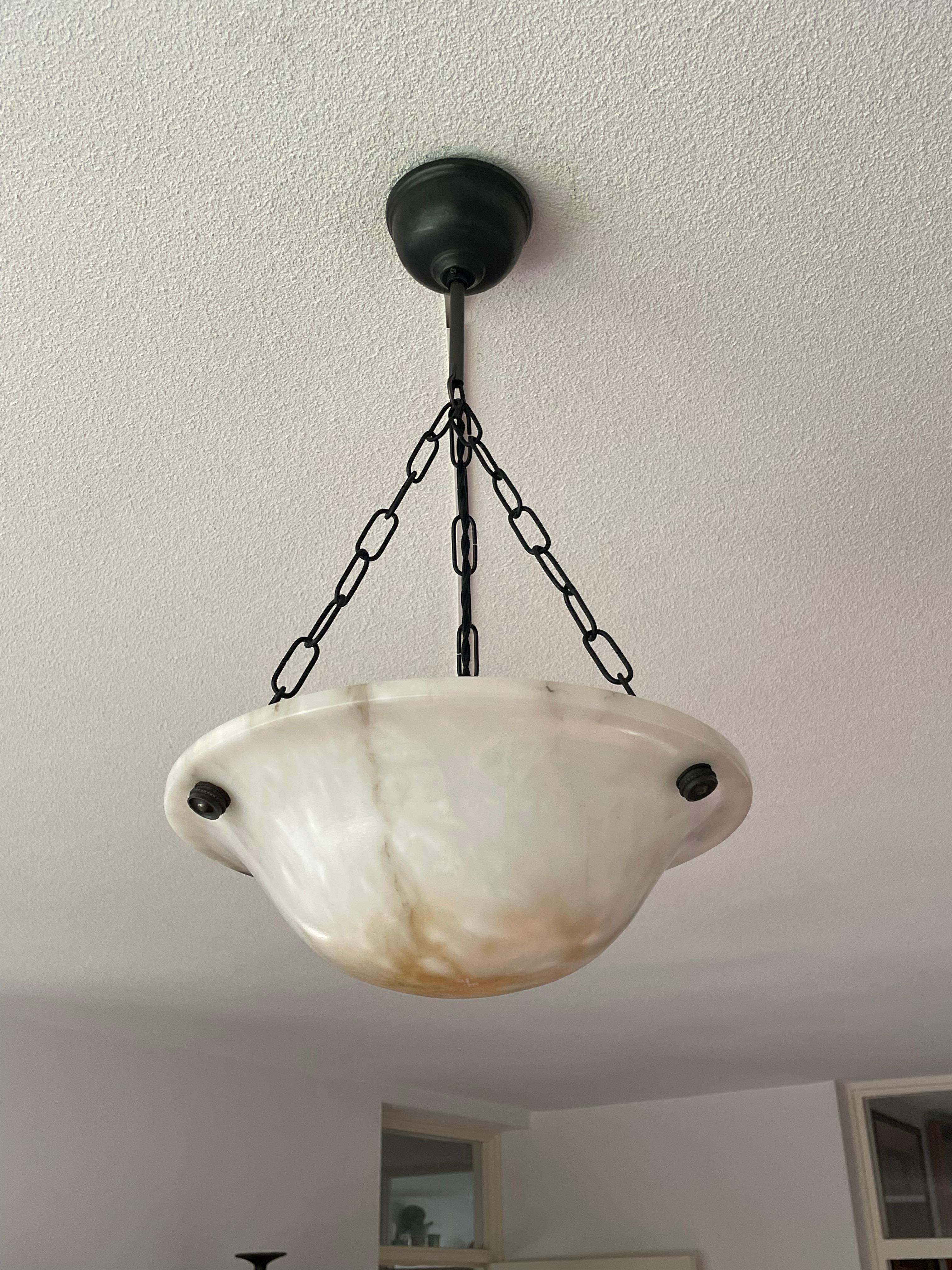 Small & Timeless Near Pair of Art Deco White & Black Alabaster Pendant Lights 4