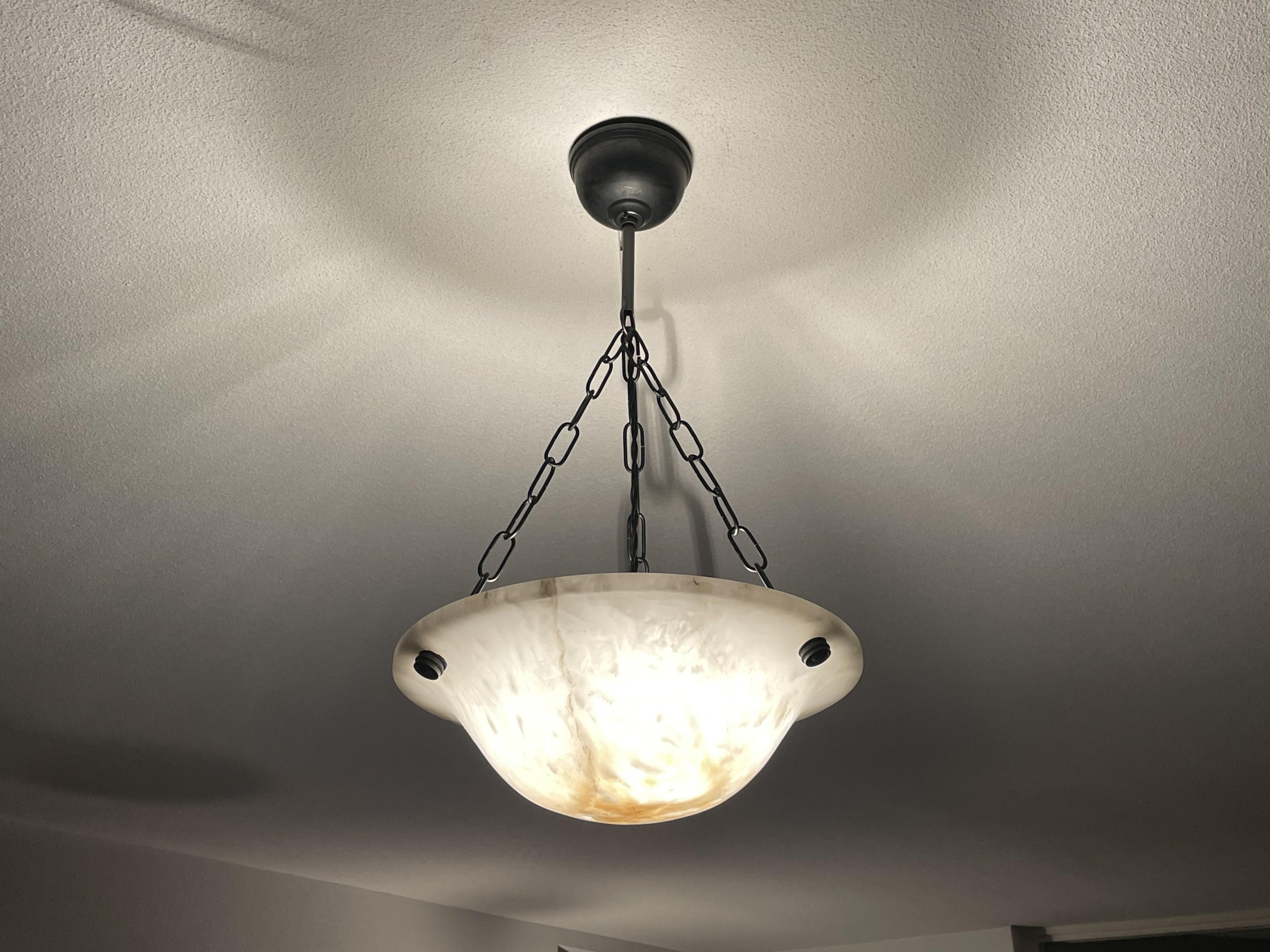 Small & Timeless Near Pair of Art Deco White & Black Alabaster Pendant Lights 5