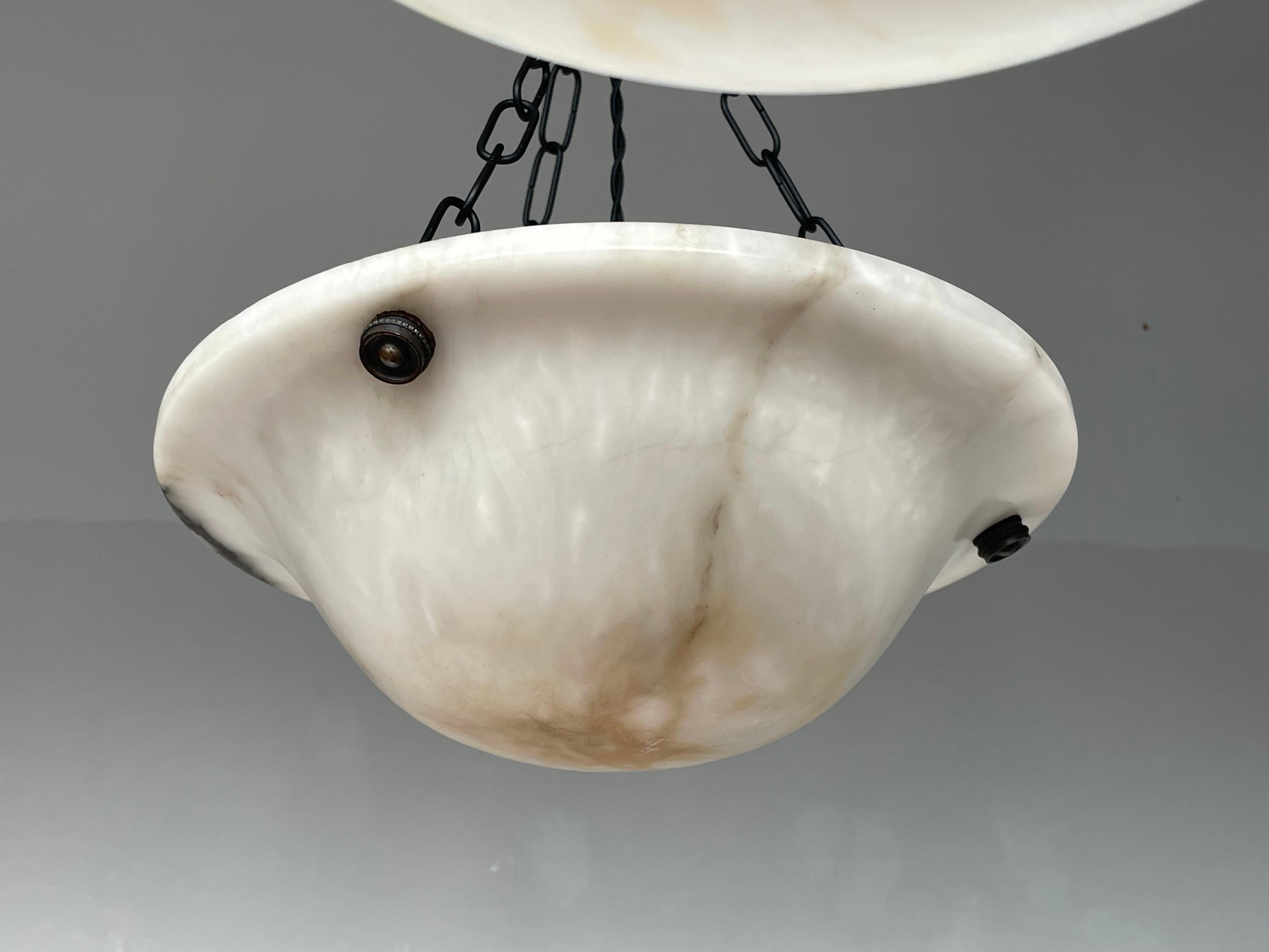 Small & Timeless Near Pair of Art Deco White & Black Alabaster Pendant Lights 7