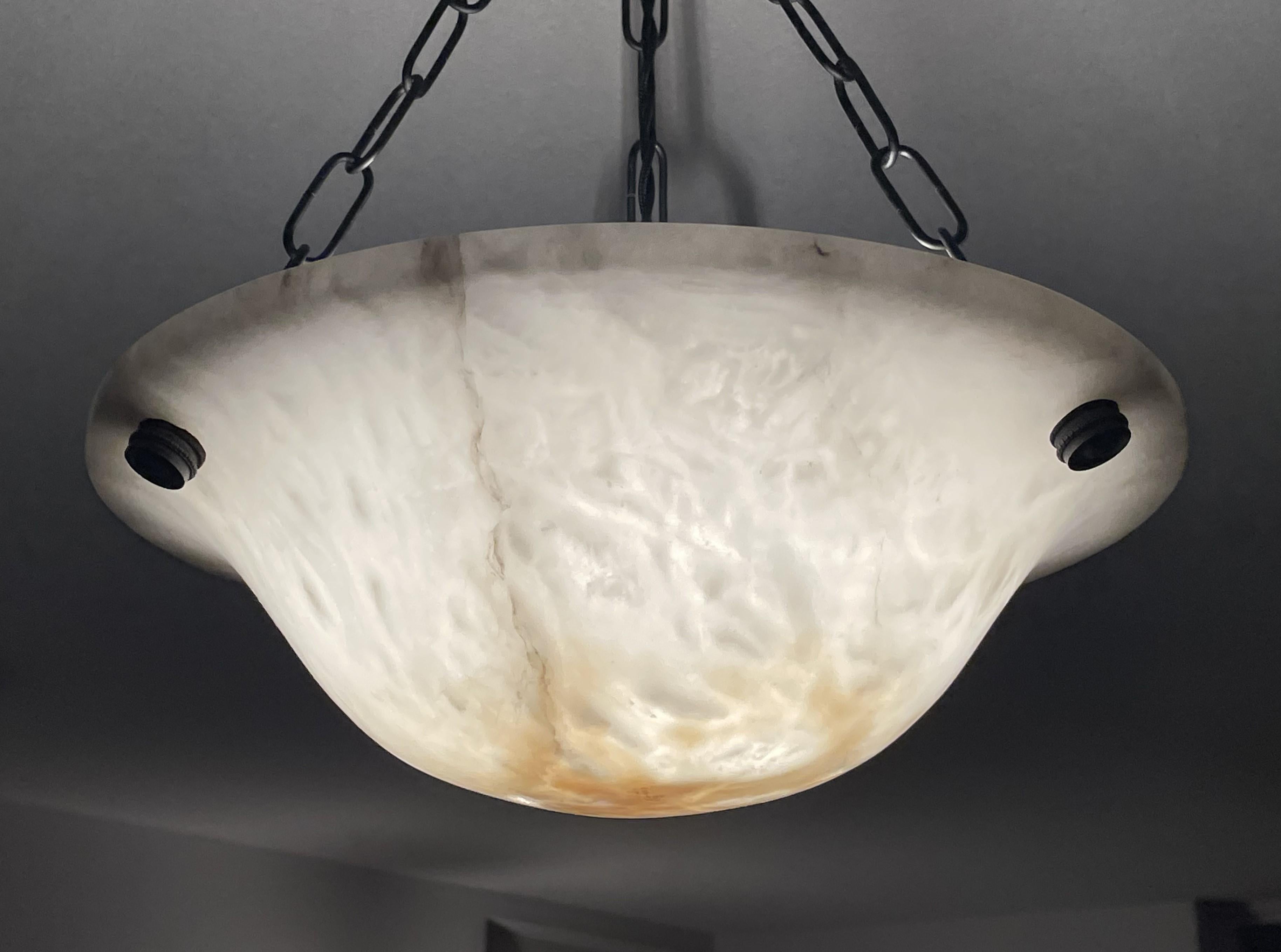 Small & Timeless Near Pair of Art Deco White & Black Alabaster Pendant Lights 8
