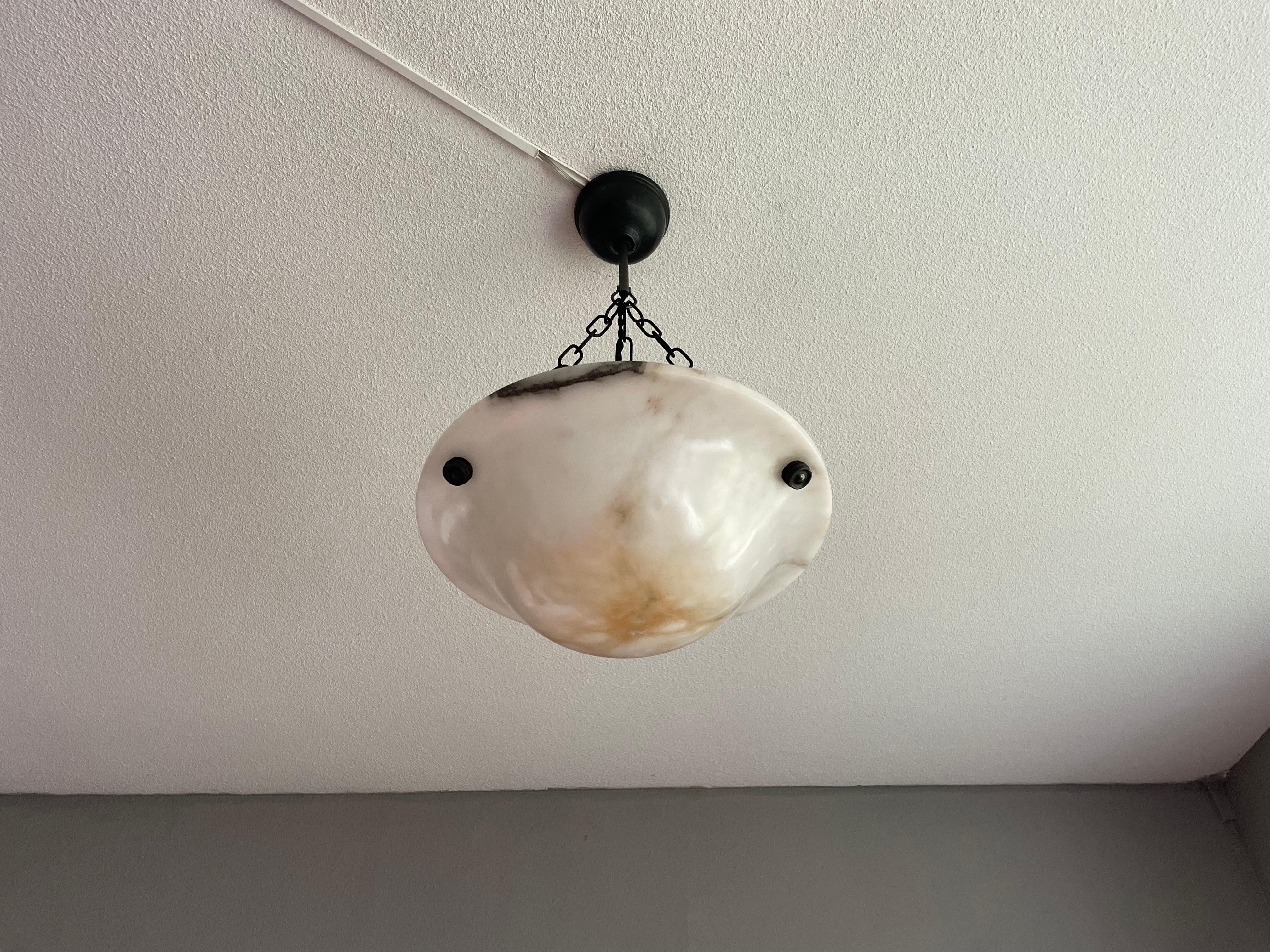 Small & Timeless Near Pair of Art Deco White & Black Alabaster Pendant Lights 9