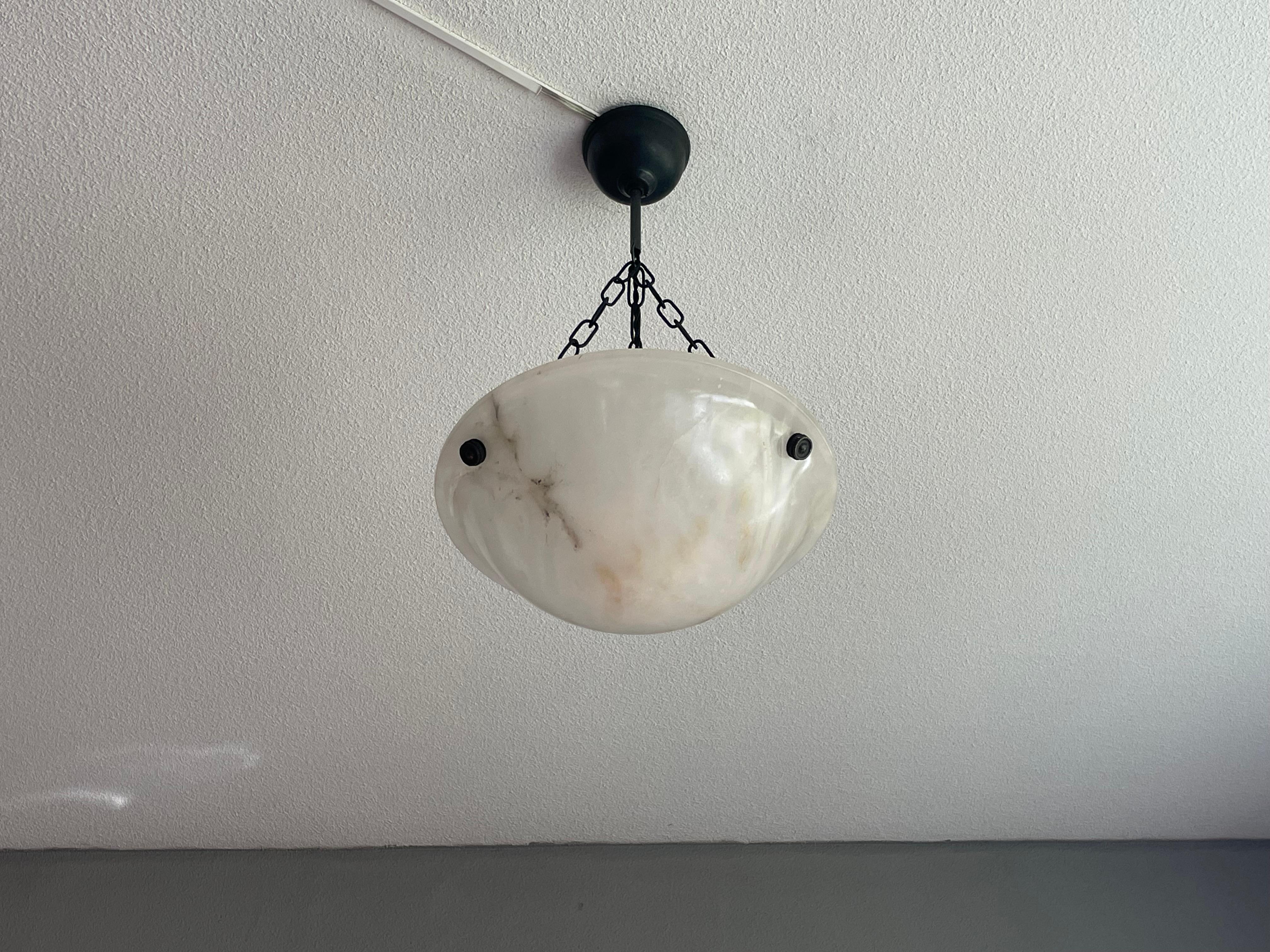 Small & Timeless Near Pair of Art Deco White & Black Alabaster Pendant Lights 10