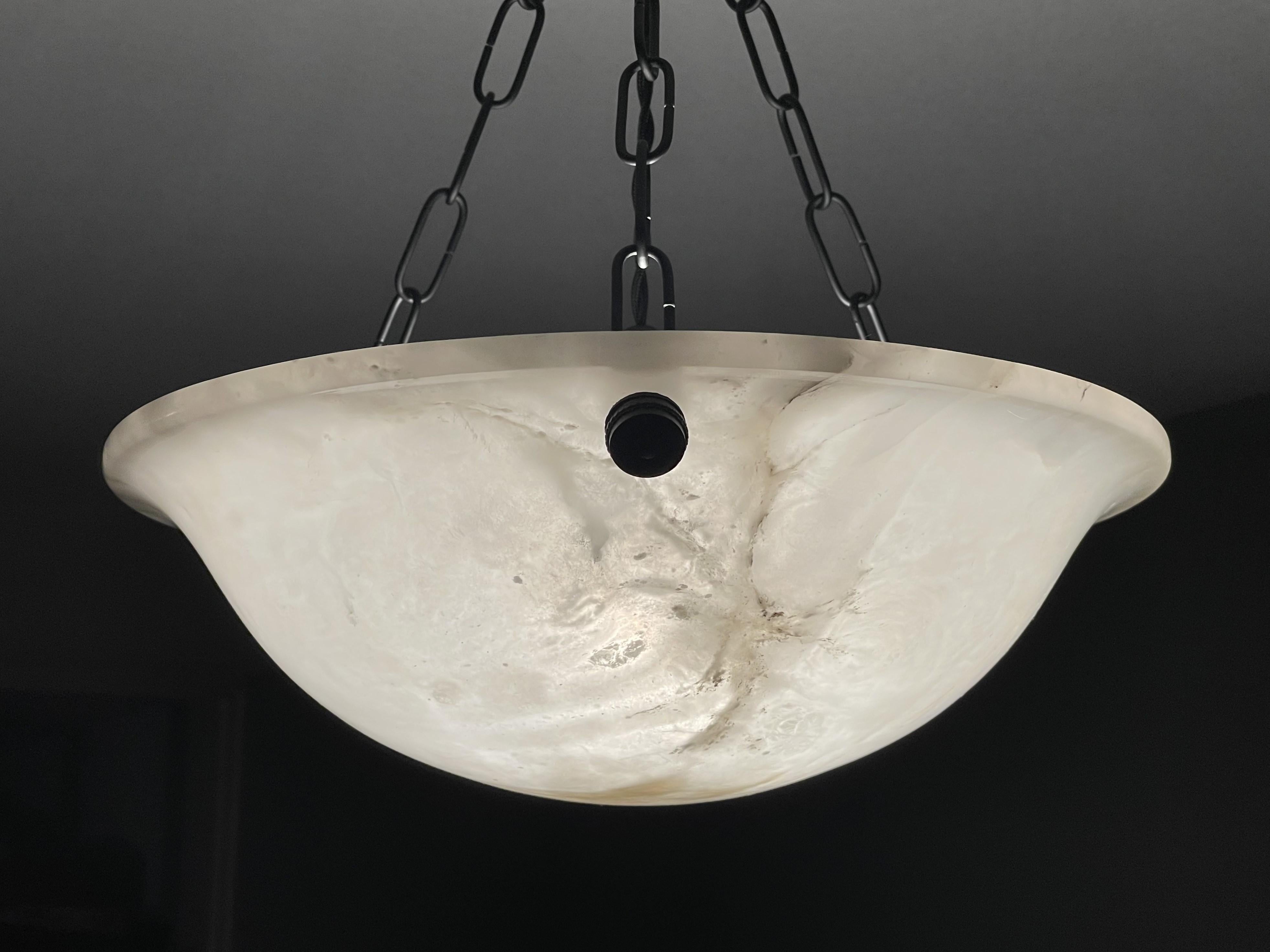 Small & Timeless Near Pair of Art Deco White & Black Alabaster Pendant Lights 11