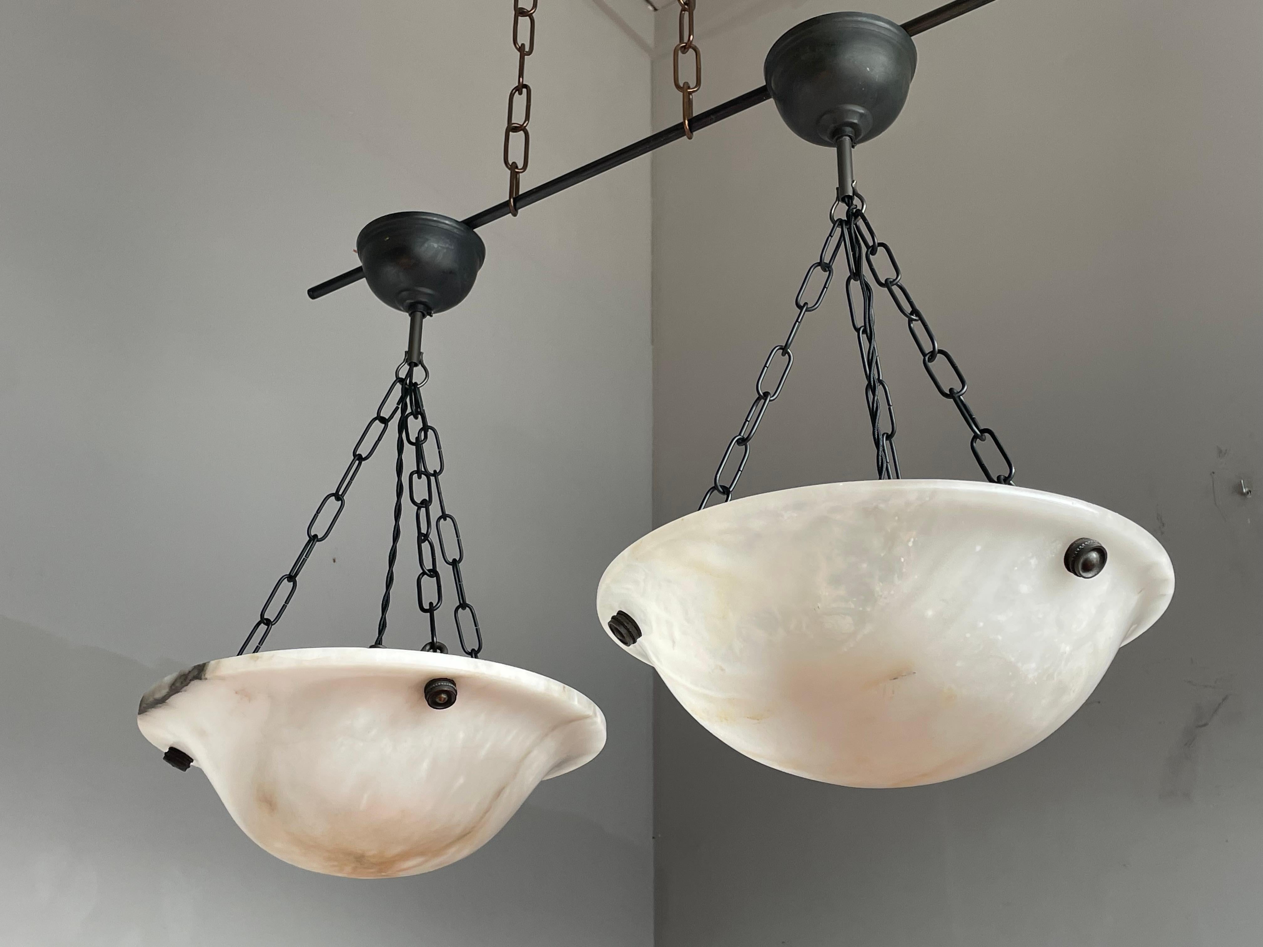 Small & Timeless Near Pair of Art Deco White & Black Alabaster Pendant Lights 12