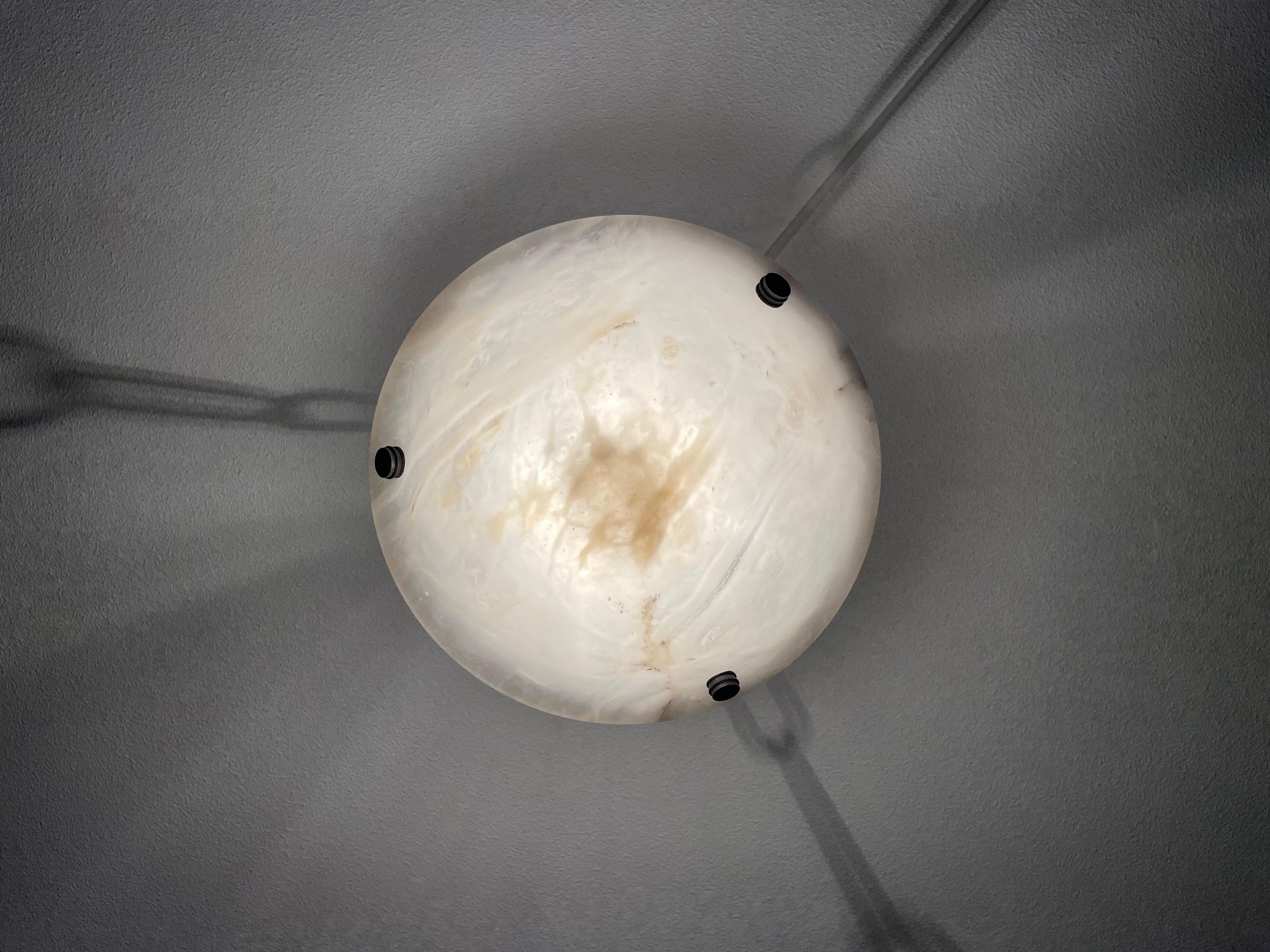 Small & Timeless Near Pair of Art Deco White & Black Alabaster Pendant Lights 13