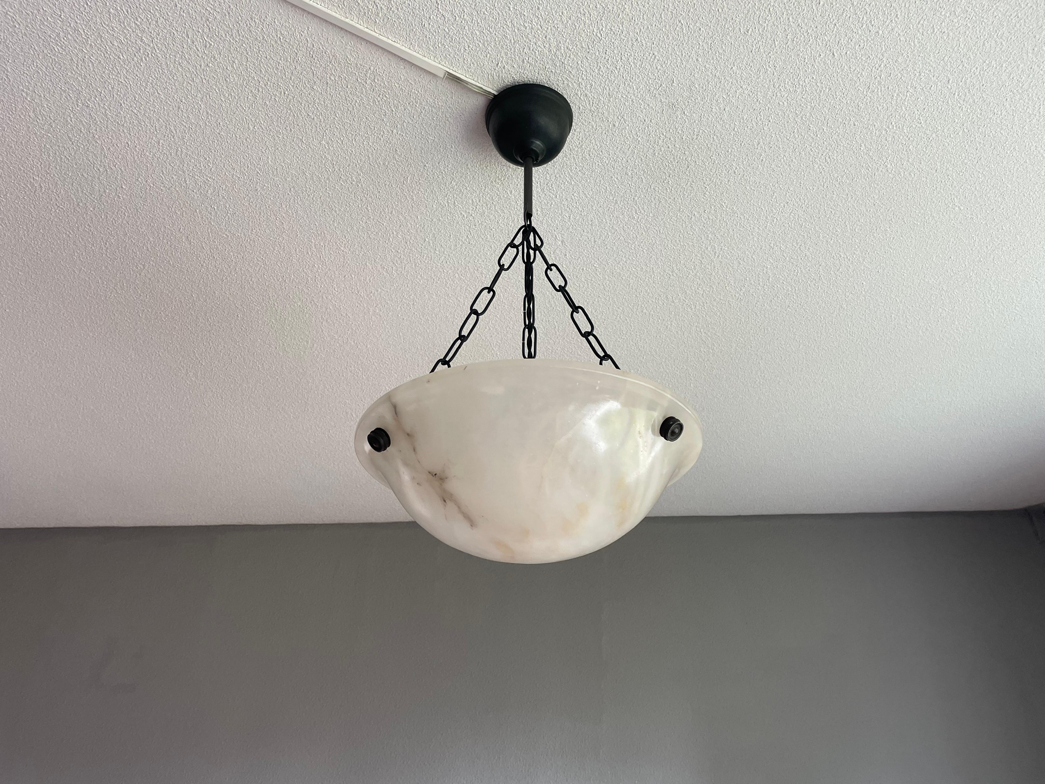European Small & Timeless Near Pair of Art Deco White & Black Alabaster Pendant Lights