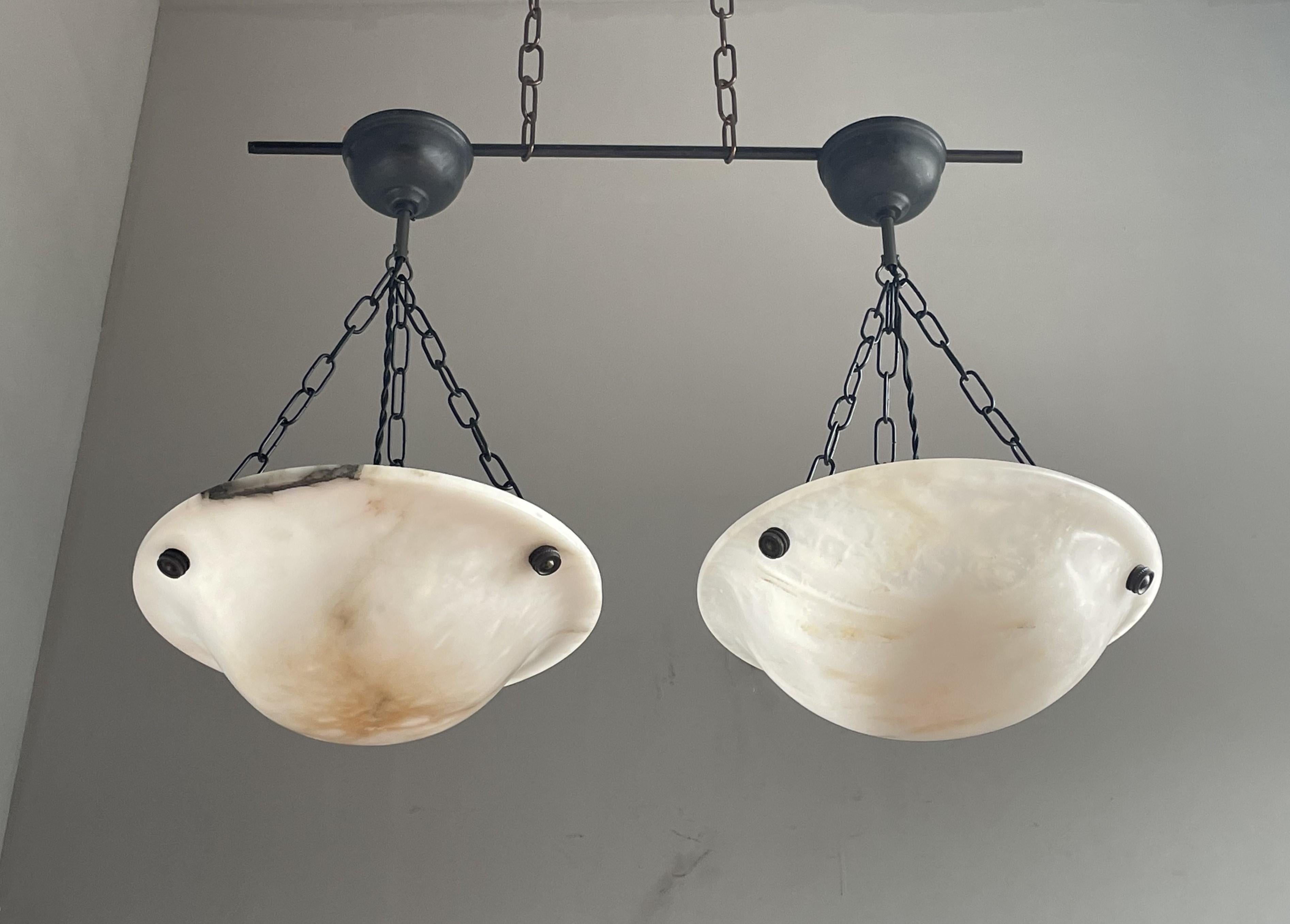 Hand-Carved Small & Timeless Near Pair of Art Deco White & Black Alabaster Pendant Lights