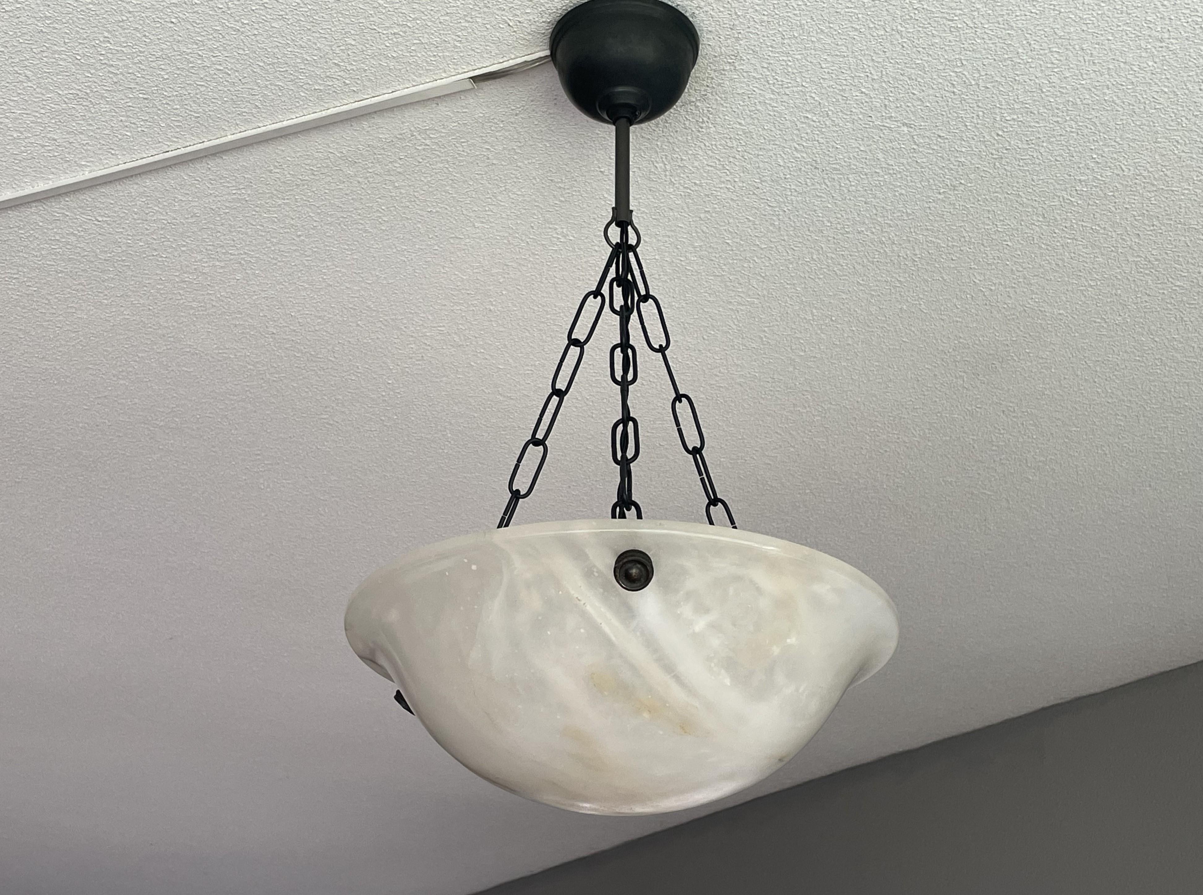 20th Century Small & Timeless Near Pair of Art Deco White & Black Alabaster Pendant Lights