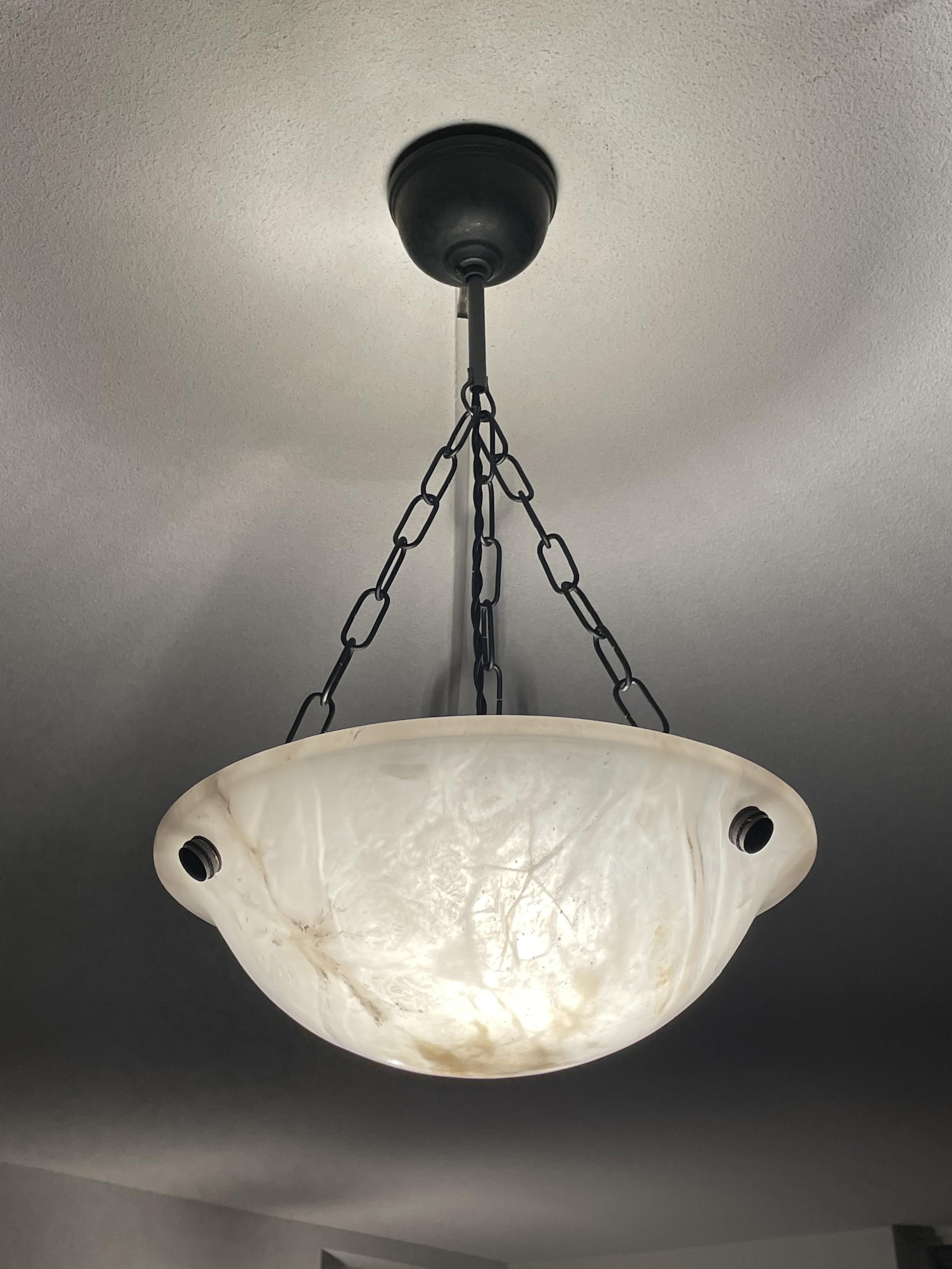 Brass Small & Timeless Near Pair of Art Deco White & Black Alabaster Pendant Lights