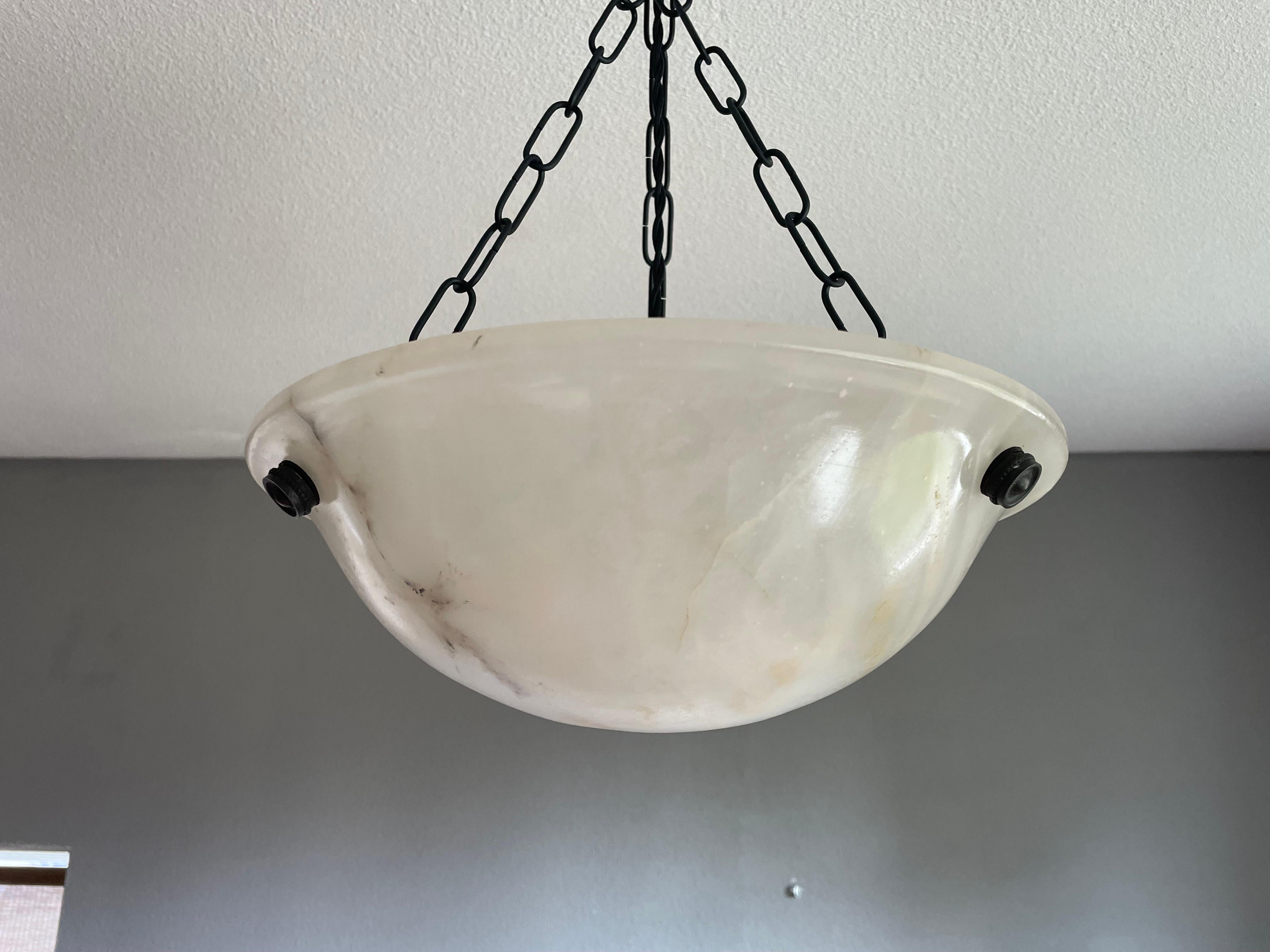 Small & Timeless Near Pair of Art Deco White & Black Alabaster Pendant Lights 1
