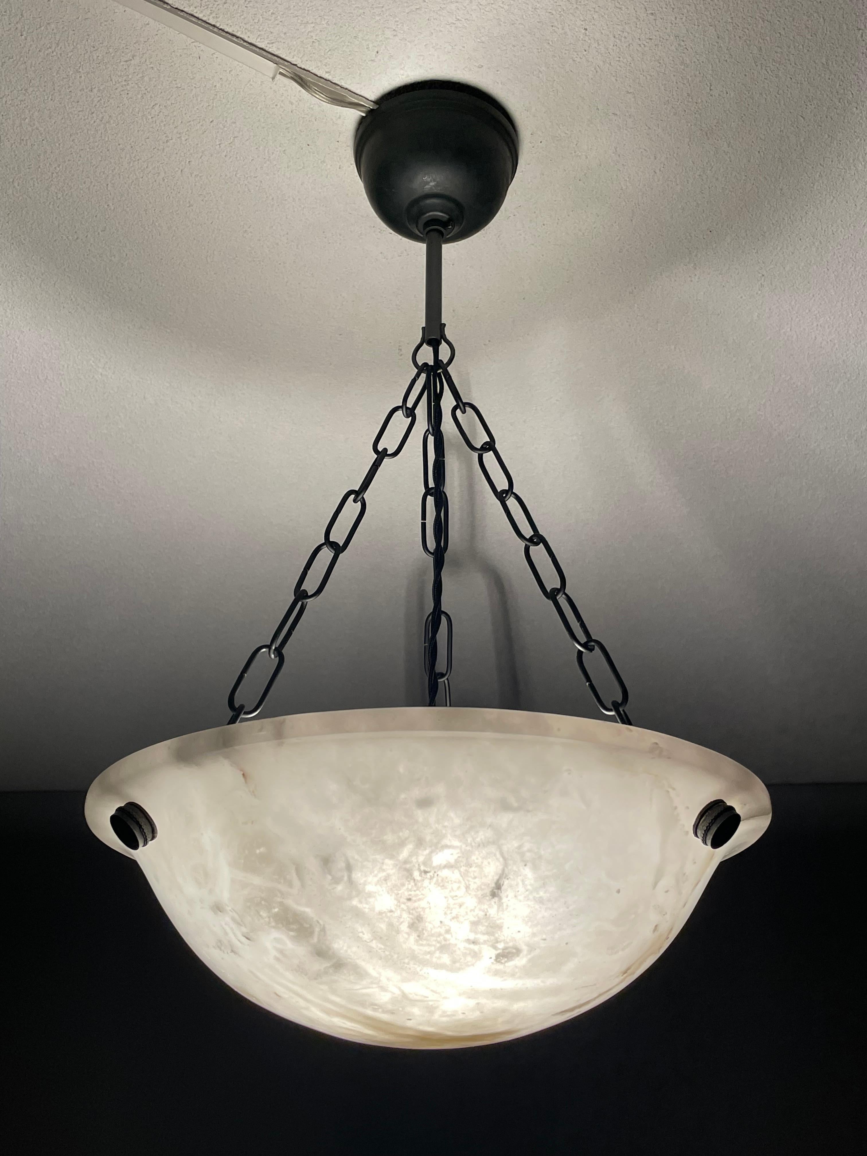 Small & Timeless Near Pair of Art Deco White & Black Alabaster Pendant Lights 2