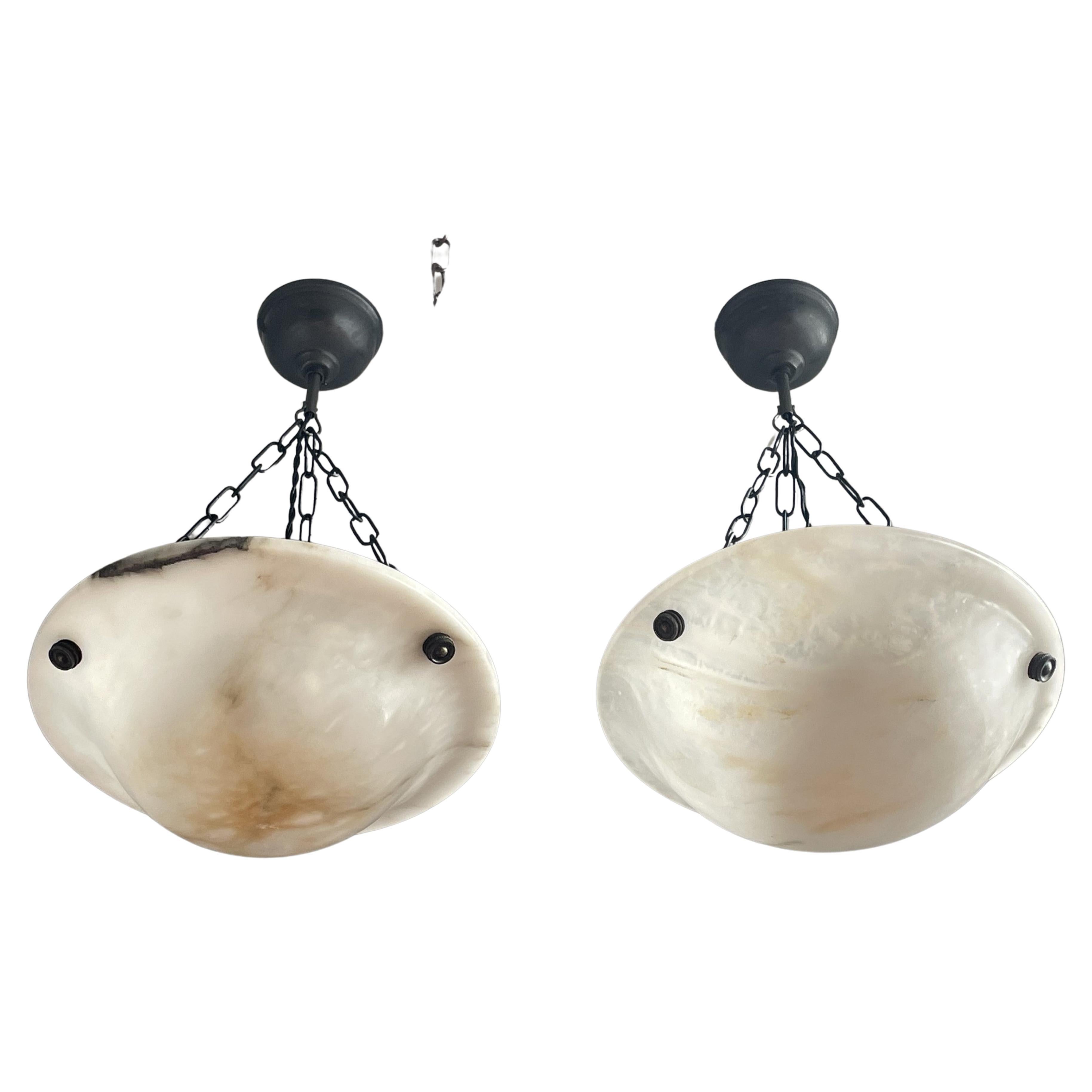 Small & Timeless Near Pair of Art Deco White & Black Alabaster Pendant Lights