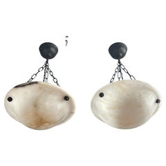 Small & Timeless Near Pair of Art Deco White & Black Alabaster Pendant Lights