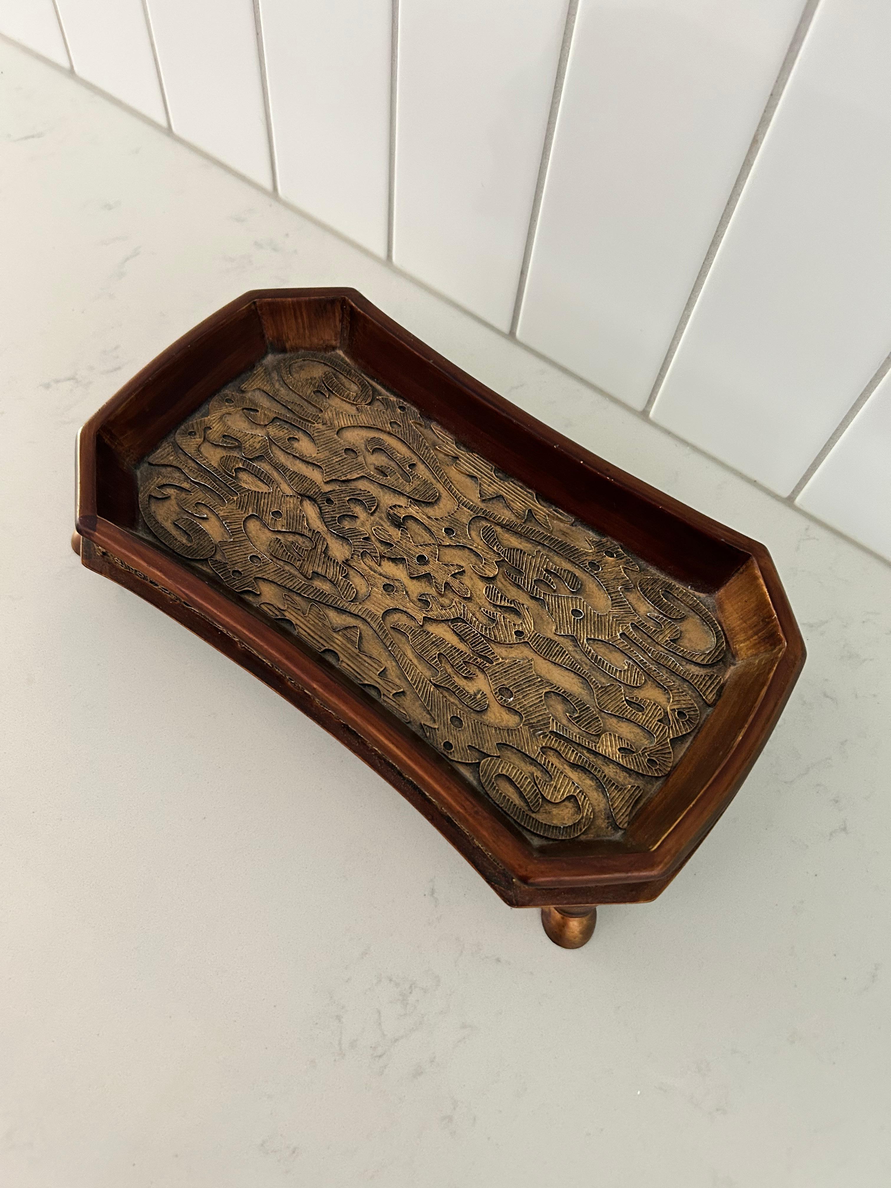 Art Nouveau Small Tooled Brass and Wood Holder For Sale