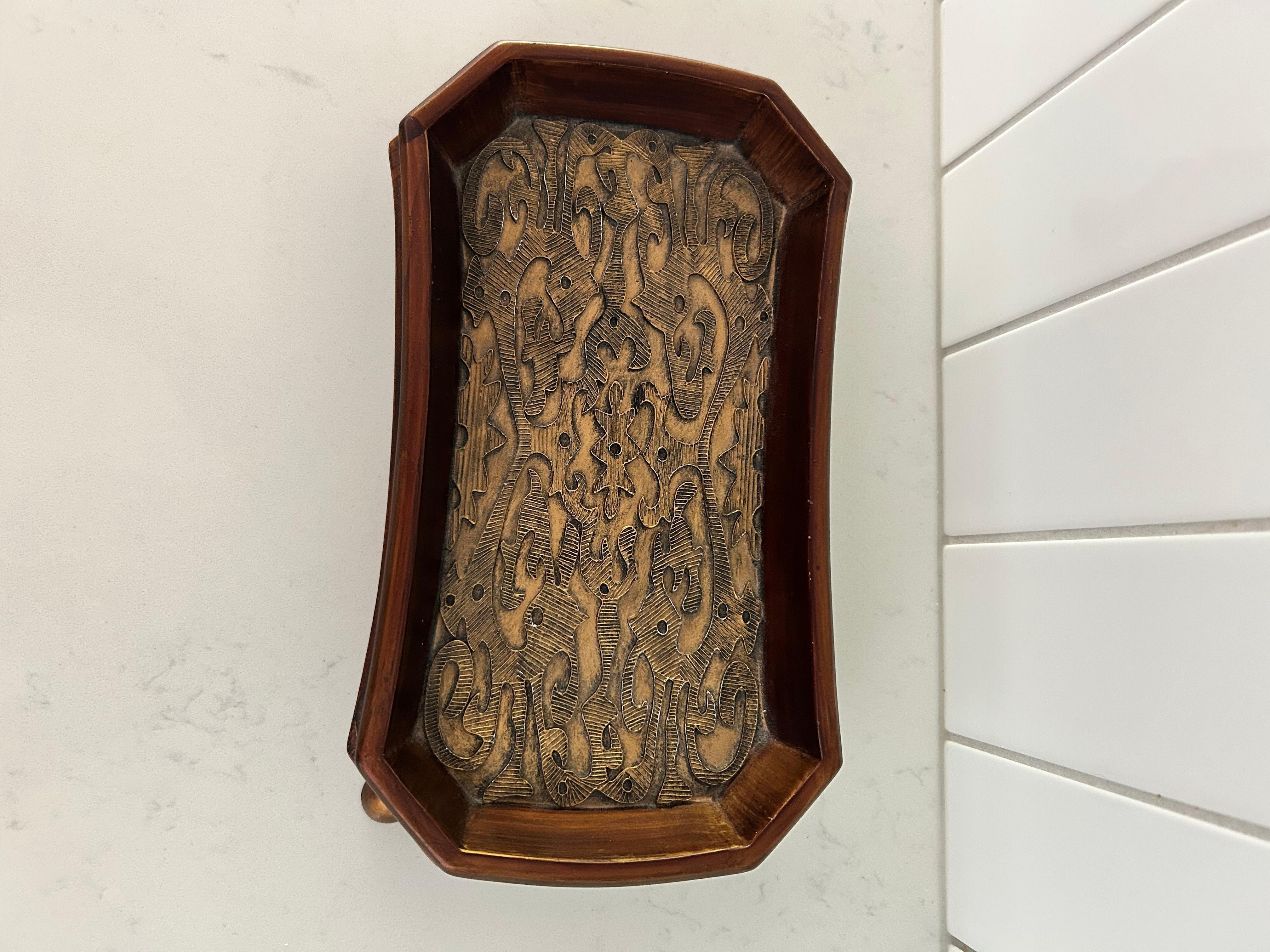 Unknown Small Tooled Brass and Wood Holder For Sale