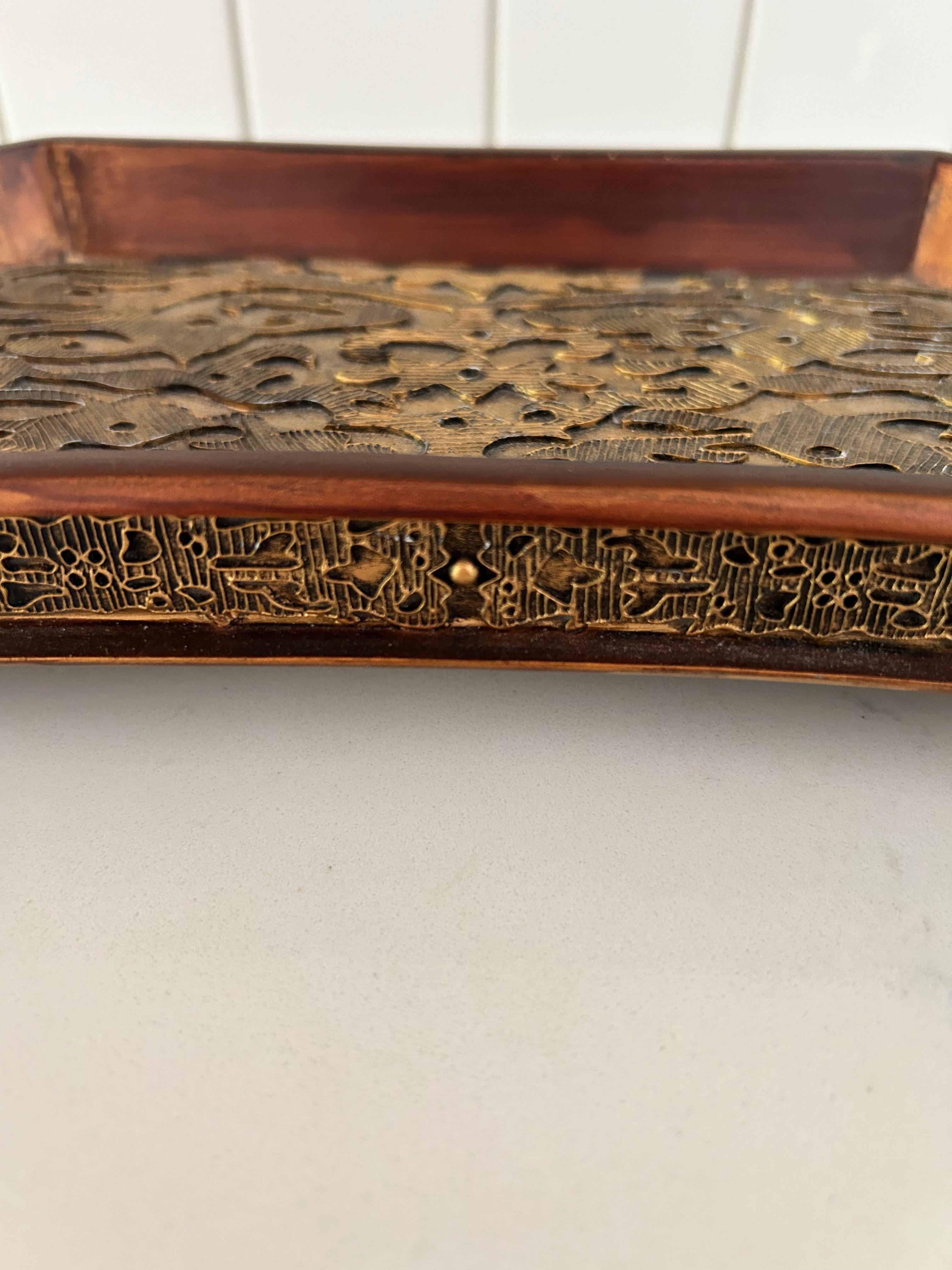 Small Tooled Brass and Wood Holder In Good Condition For Sale In Medina, OH