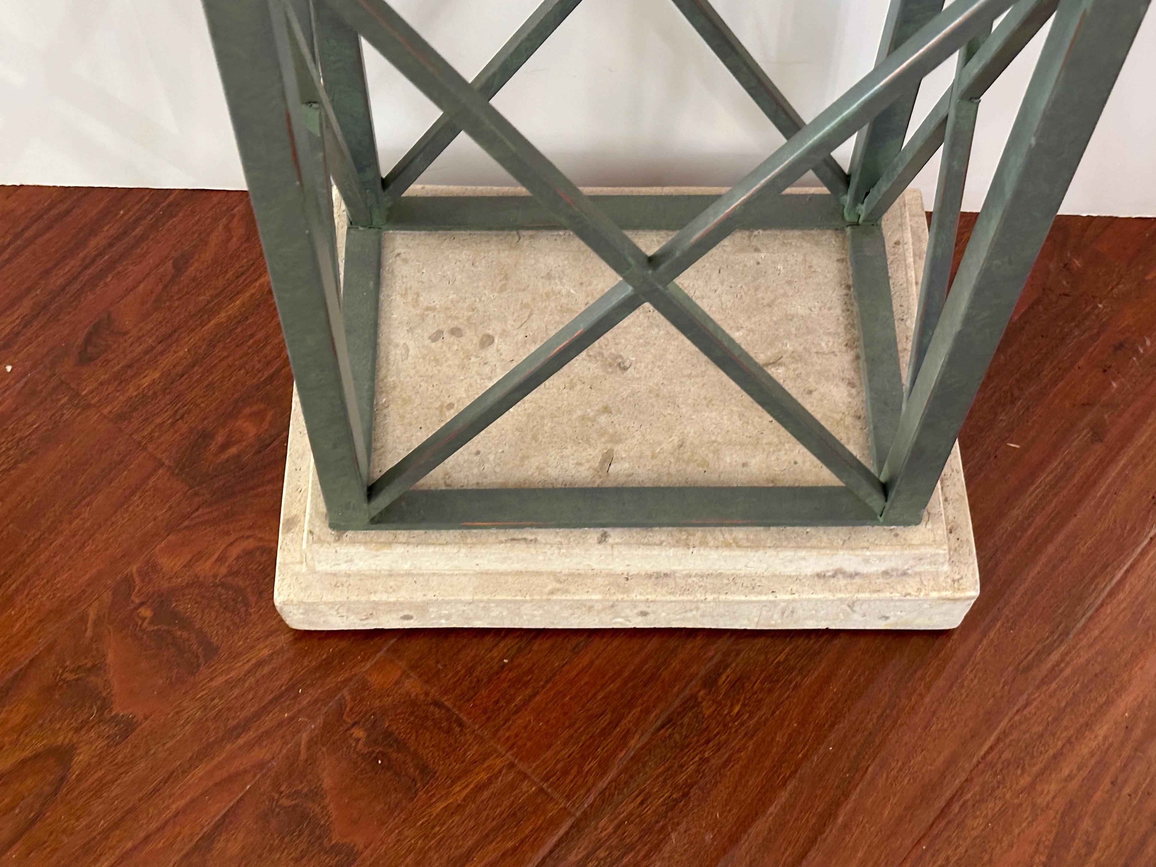 Post-Modern Small Travertin Top Pedestal or Mini-Console with X-Shape Base