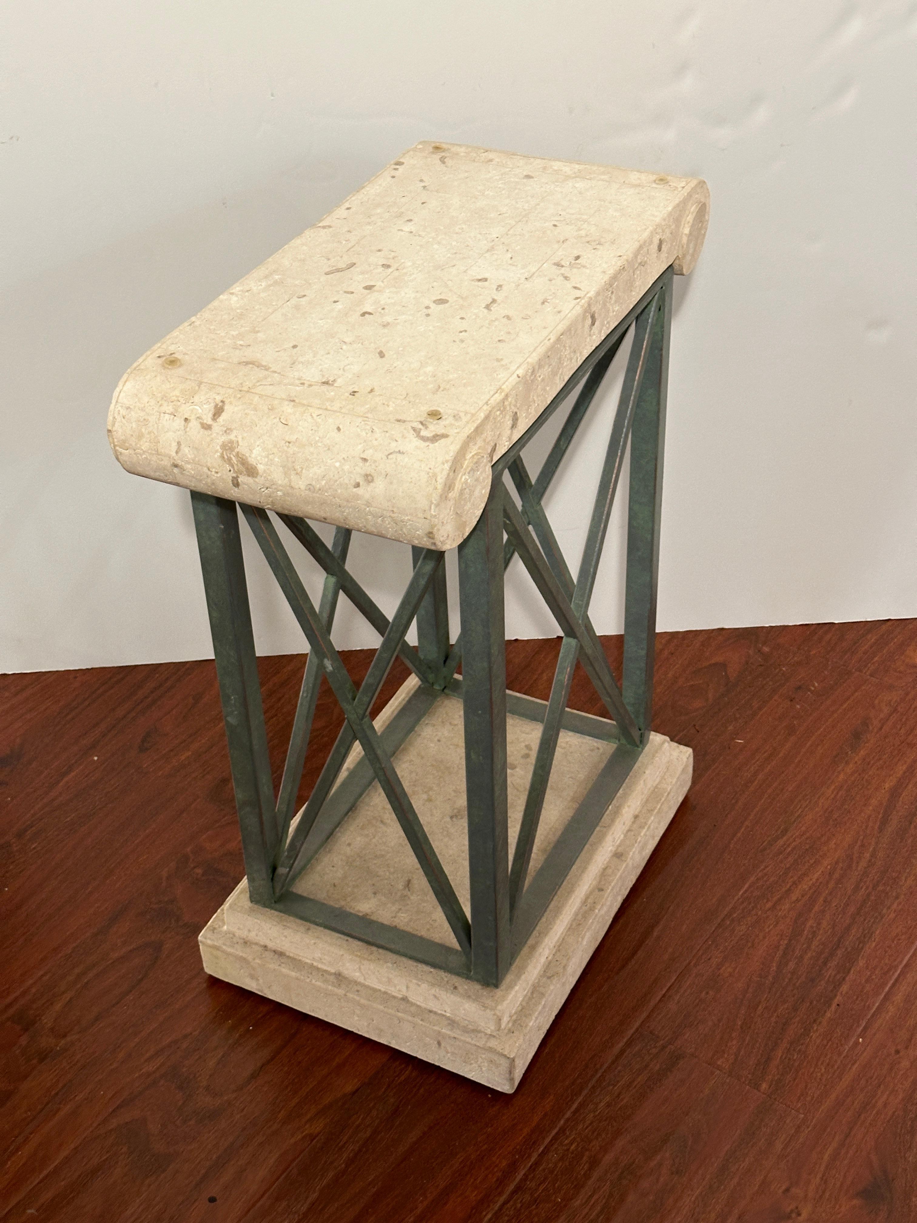 American Small Travertin Top Pedestal or Mini-Console with X-Shape Base For Sale