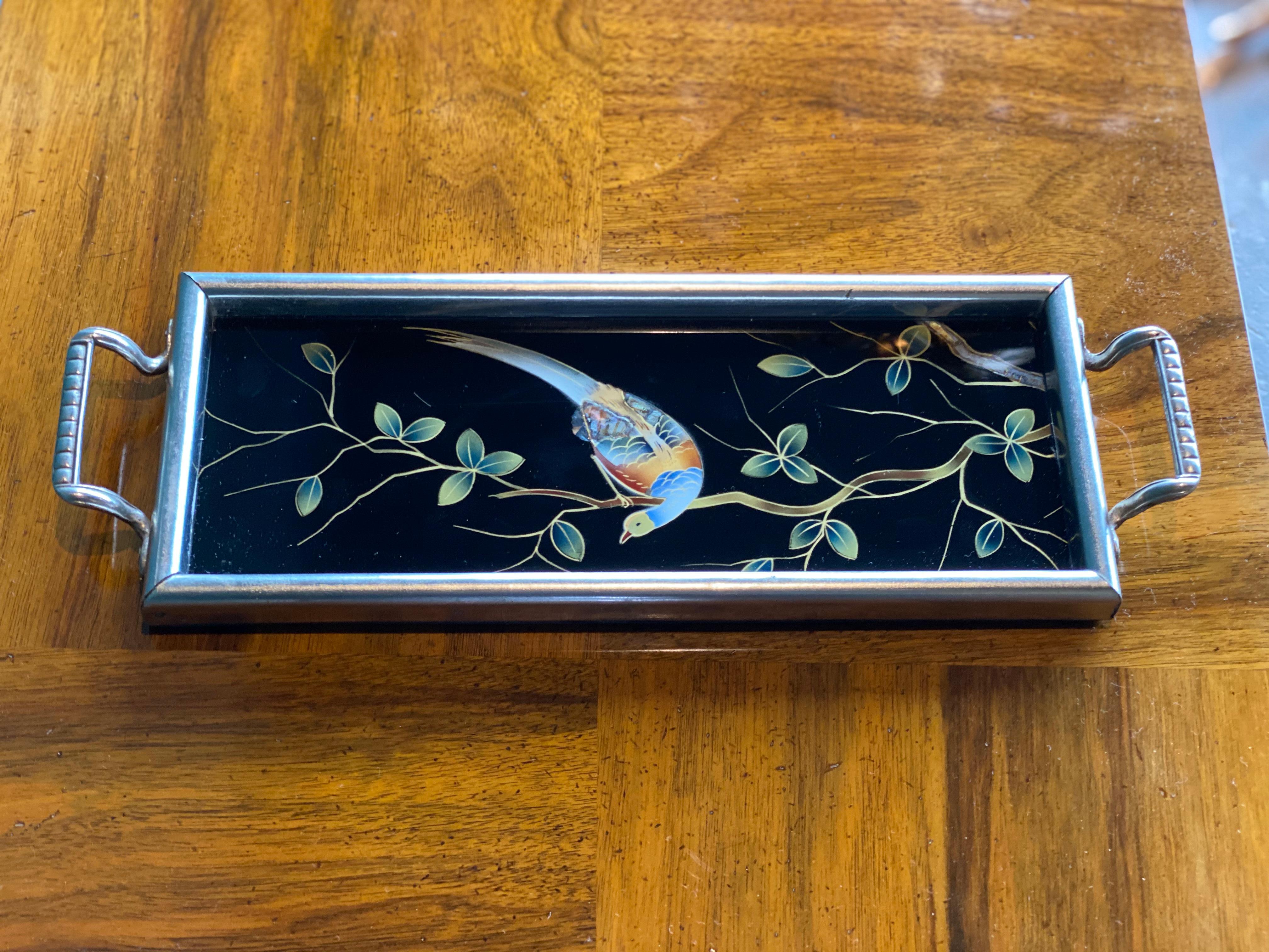 Small Tray Bird of Paradise Motive, France 1930s, French Art Deco In Distressed Condition In Hamburg, DE
