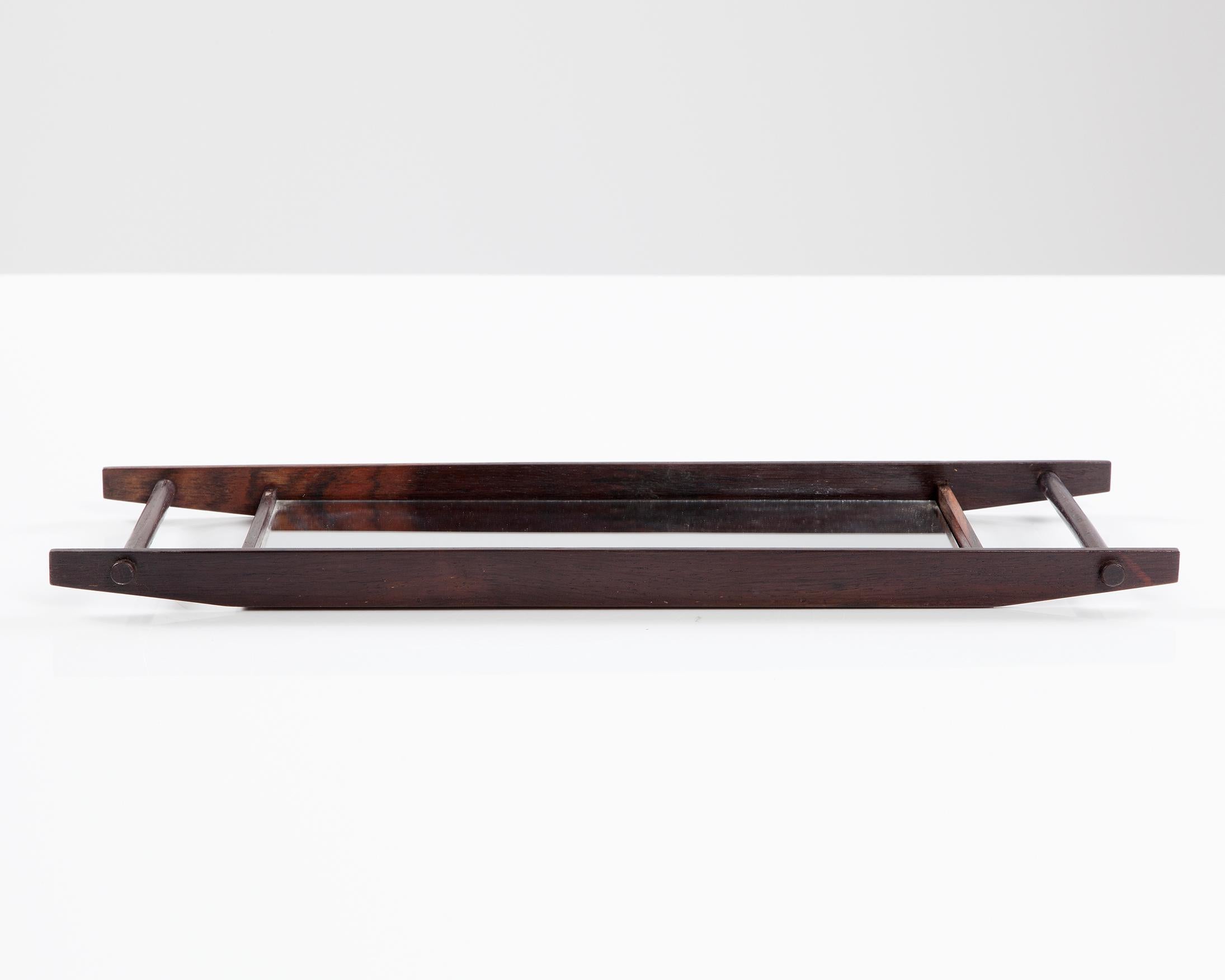 Modern Small Tray in Rosewood with Mirrored Surface by L'Atelier, 1960s