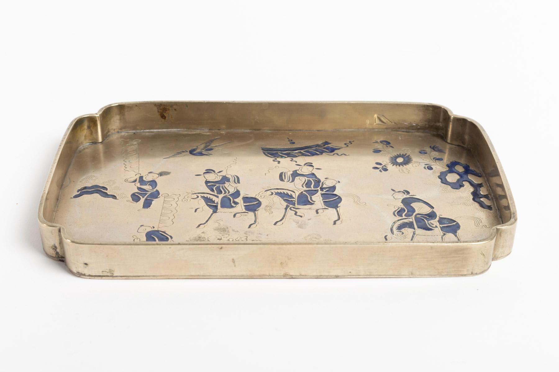 Small Tray Required for Opium Metal White Enameled from a Stage of Blue Horsemen 2