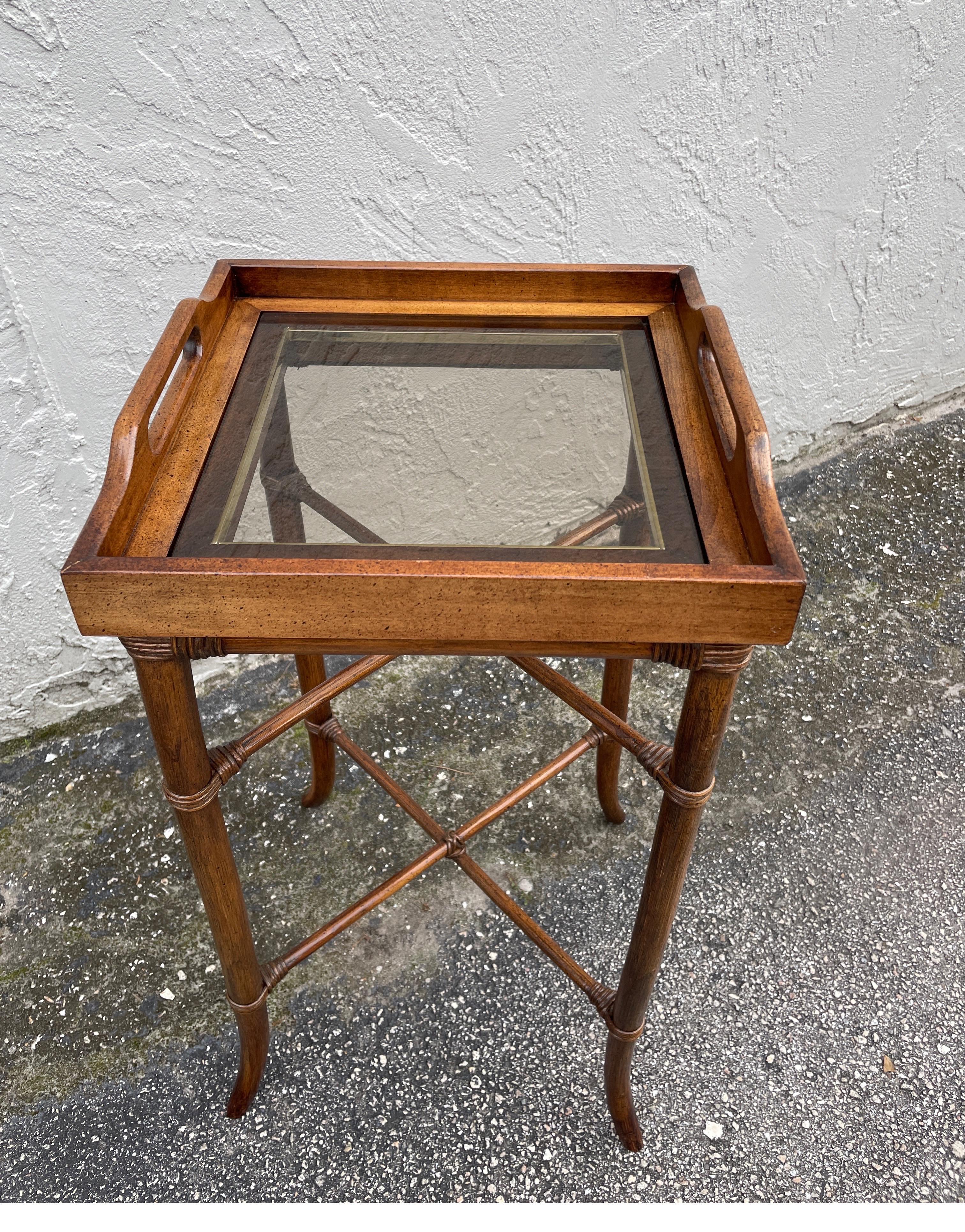 Walnut Small Tray Top Faux Bamboo Drinks Table For Sale