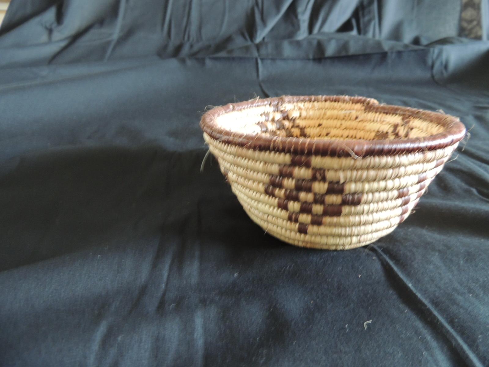 Native American Small Tribal Woven Basket in Natural and Brow