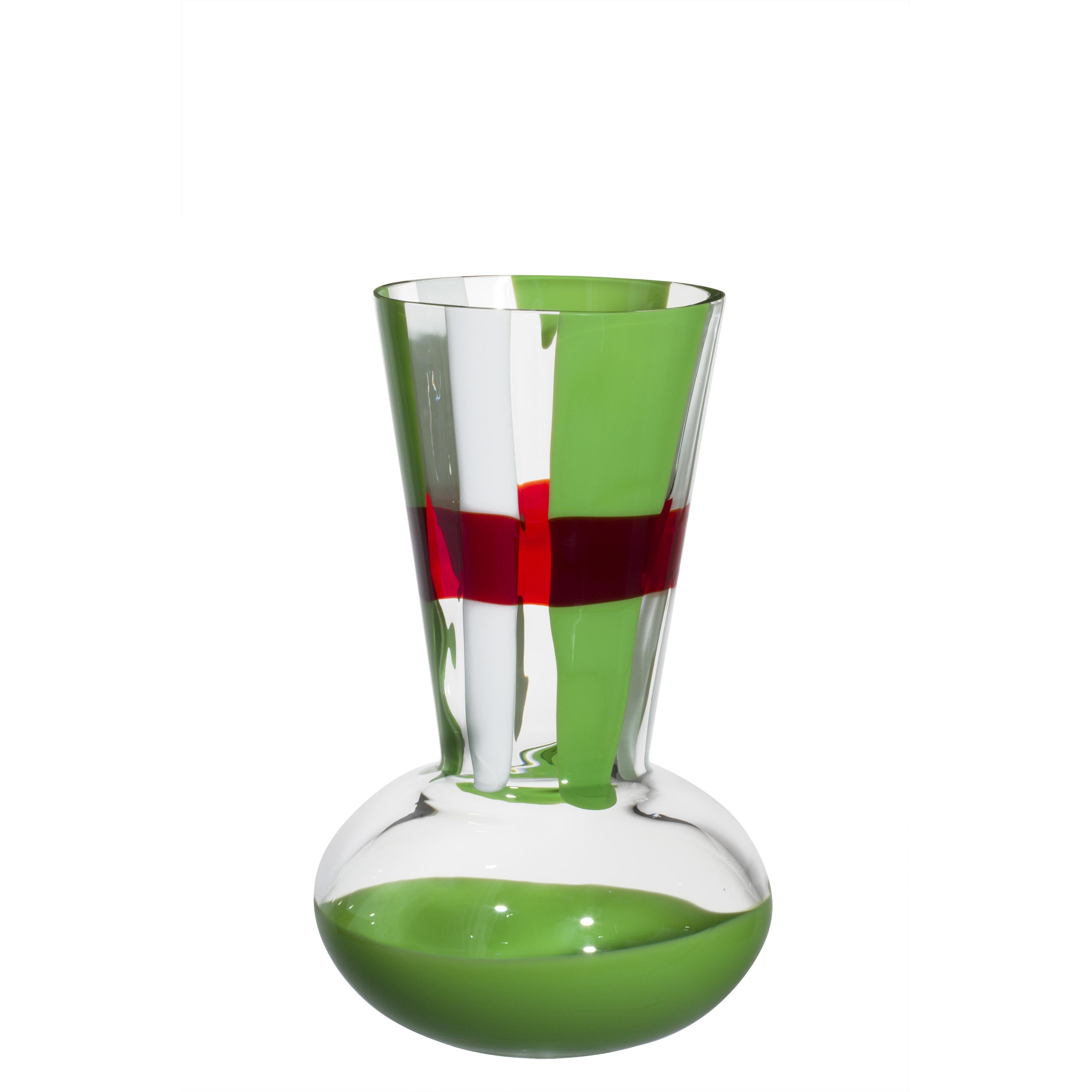 Small Troncosfera Vase in Red, Green and White by Carlo Moretti For Sale