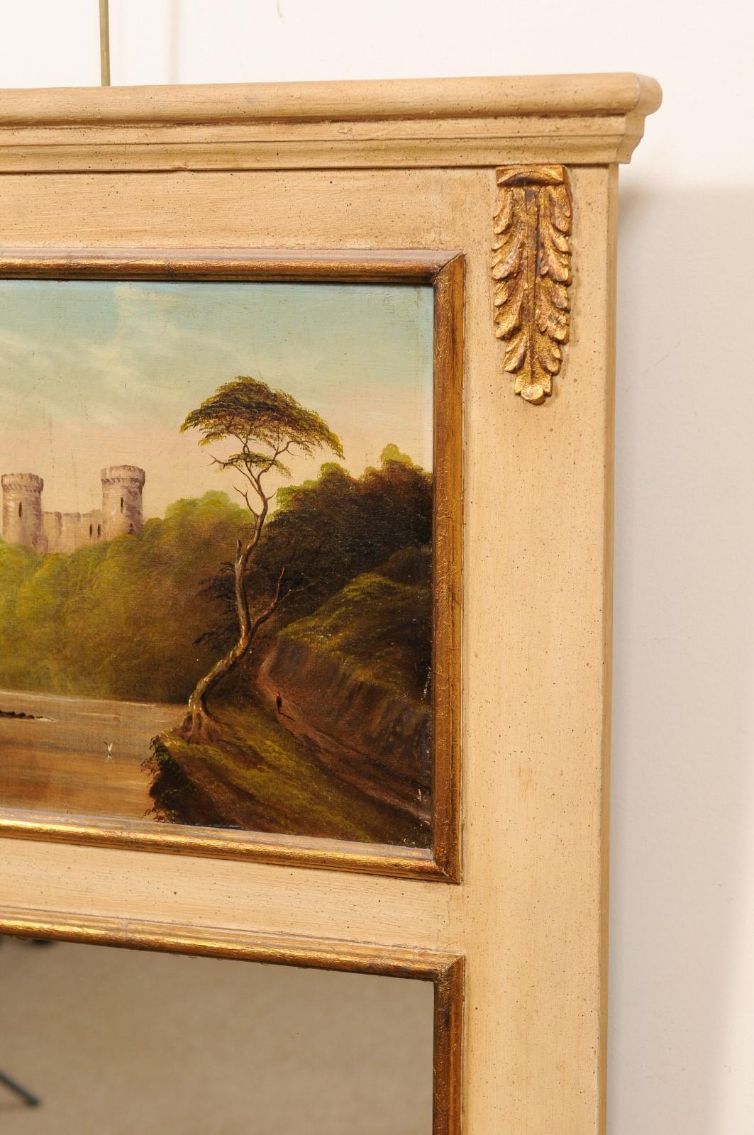 Wood Small Trumeau Mirror with 19th Century Landscape Painting, France For Sale
