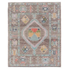 Small Turkish Oushak Rug with Central Medallion in Lt Brown and Seafoam Accents
