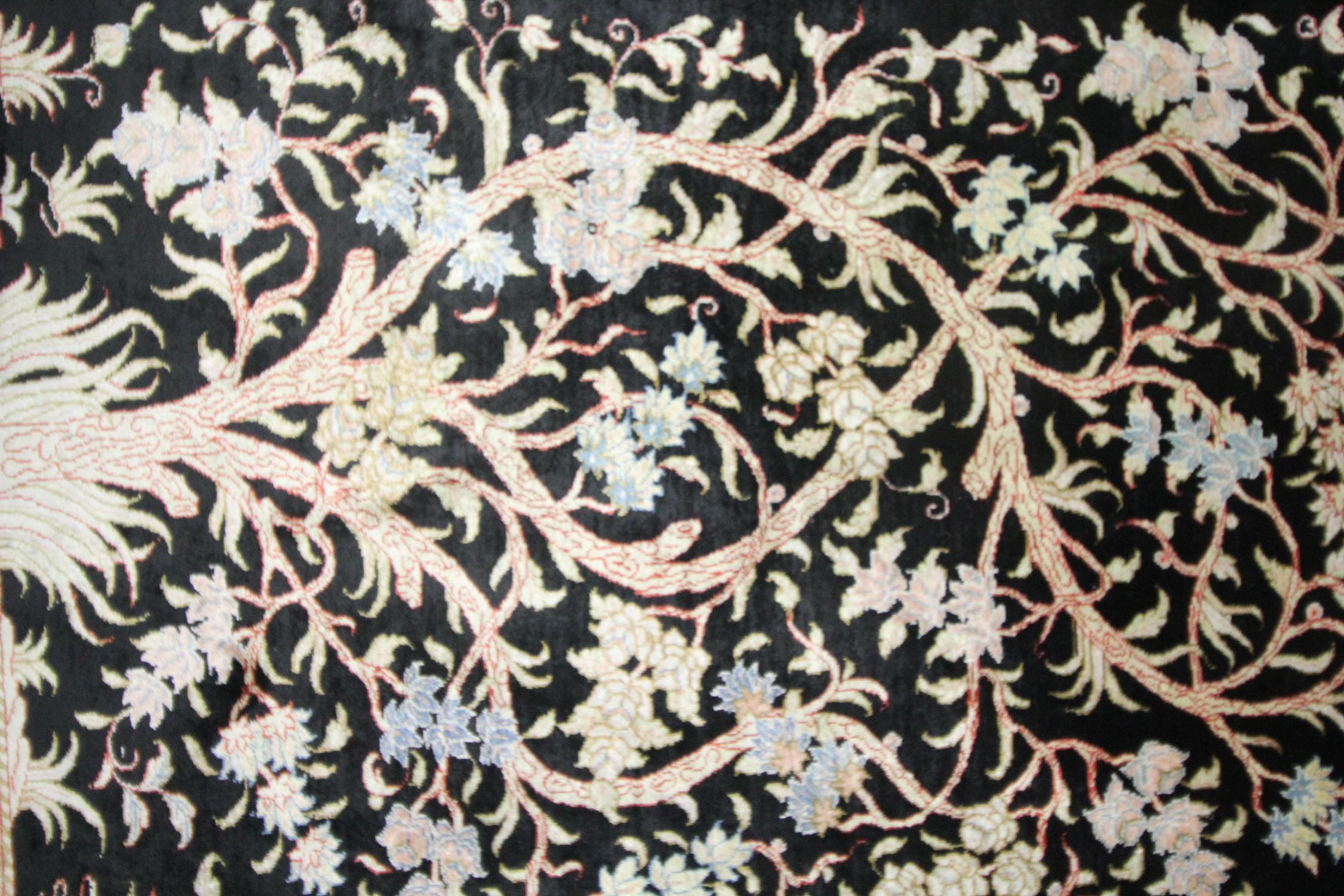Rococo Small Turkish Silk Rug, Handmade Carpet Oriental Rug Tree of Life For Sale