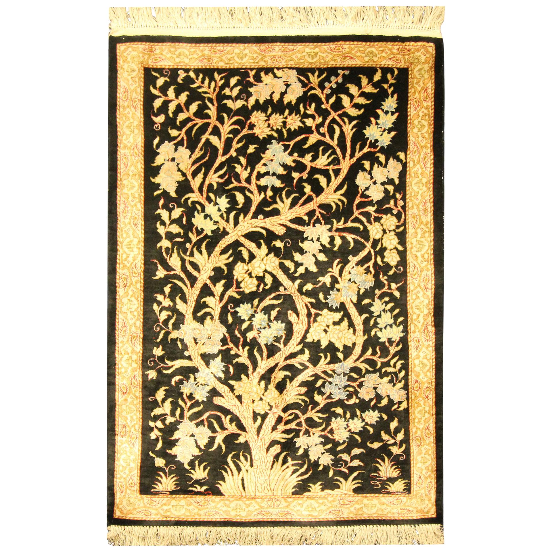 Small Turkish Silk Rug, Handmade Carpet Oriental Rug Tree of Life