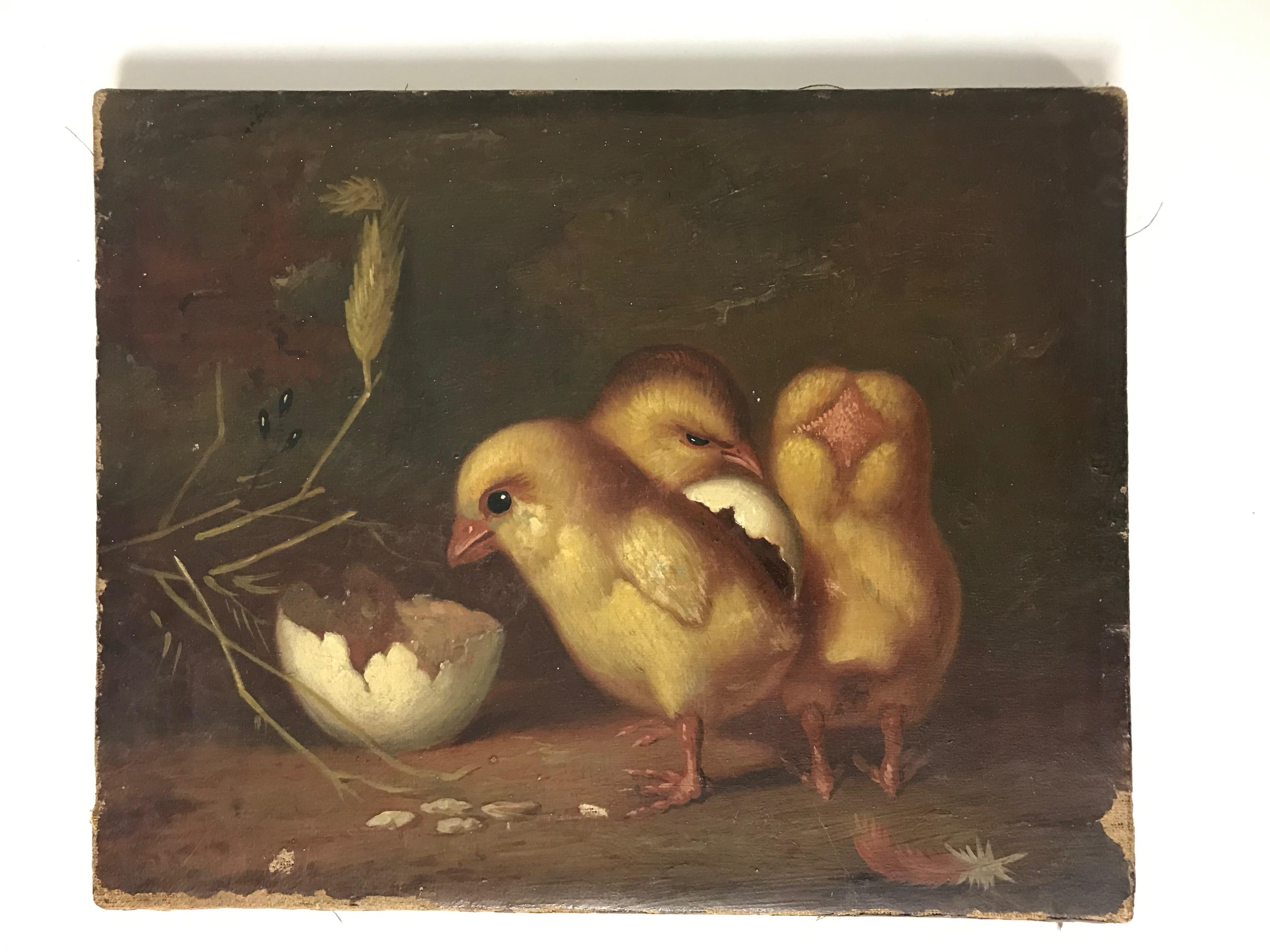 Victorian Small Turn of the Century “Fresh Chicks” Oil on Canvas