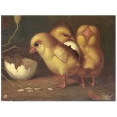 Small Turn of the Century “Fresh Chicks” Oil on Canvas Small Turn of the Century “Fresh Chicks” Oil on Canvas
