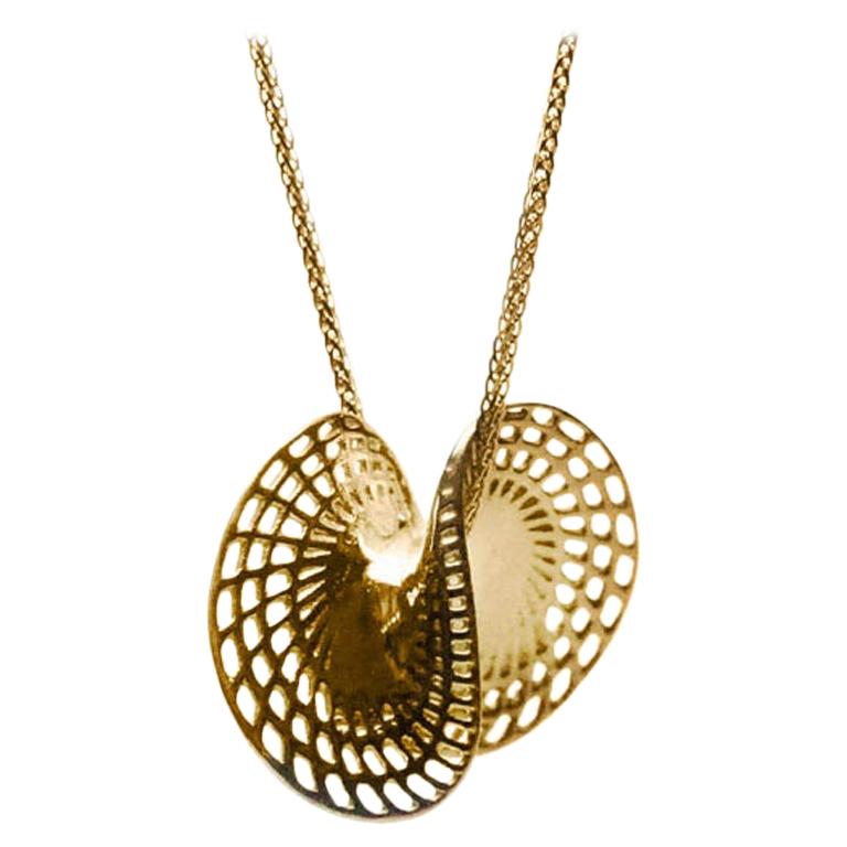 14 Karat Small Twisted Disc Netline Pendant, Unique Statement Pendant,  For Sale