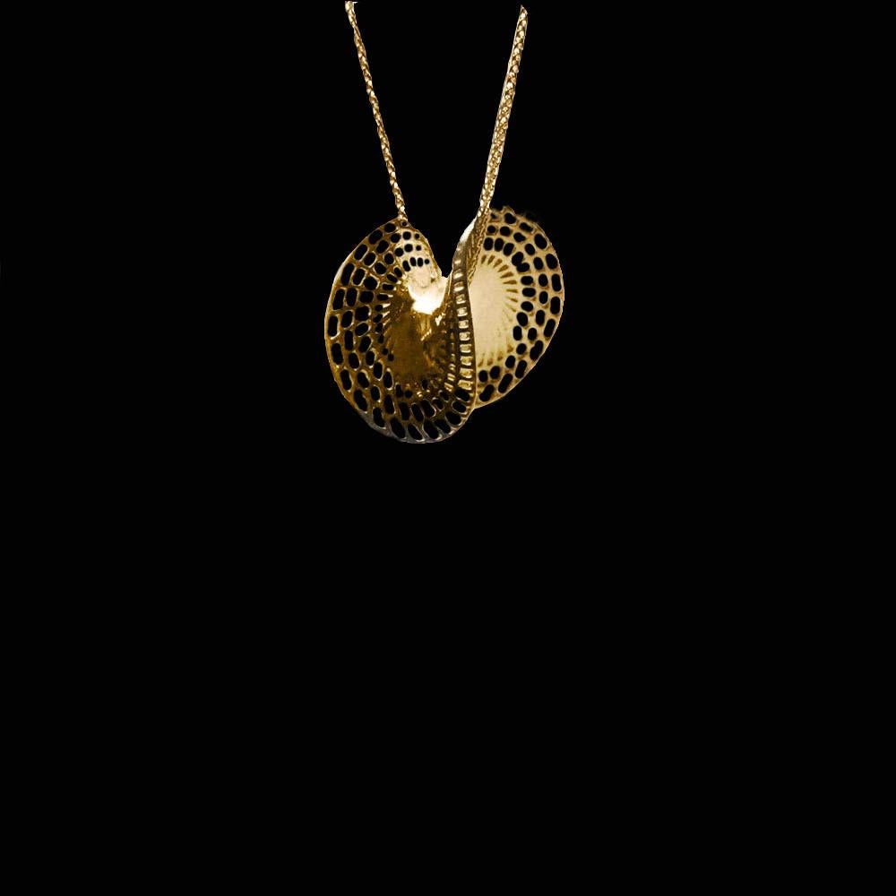 Contemporary 14 Karat Small Twisted Disc Netline Pendant, Unique Statement Pendant,  For Sale