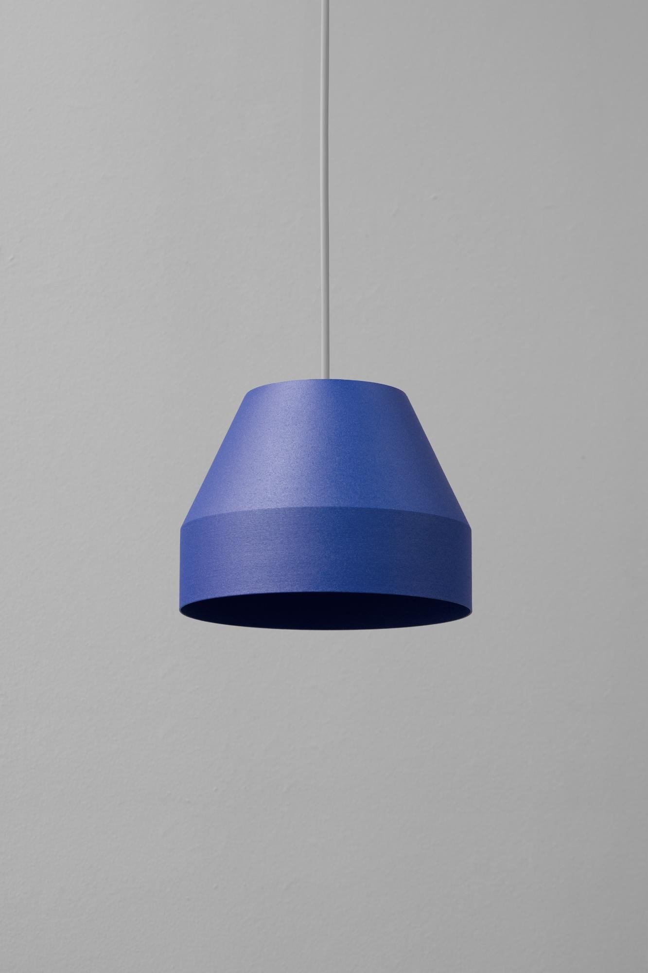 Small Ultra Blue Cap Pendant Lamp by +kouple
Dimensions: Ø 16 x H 12 cm. 
Materials: Powder-coated steel.

Available in different color options. The rod length is 200 cm. Please contact us.

All our lamps can be wired according to each country. If