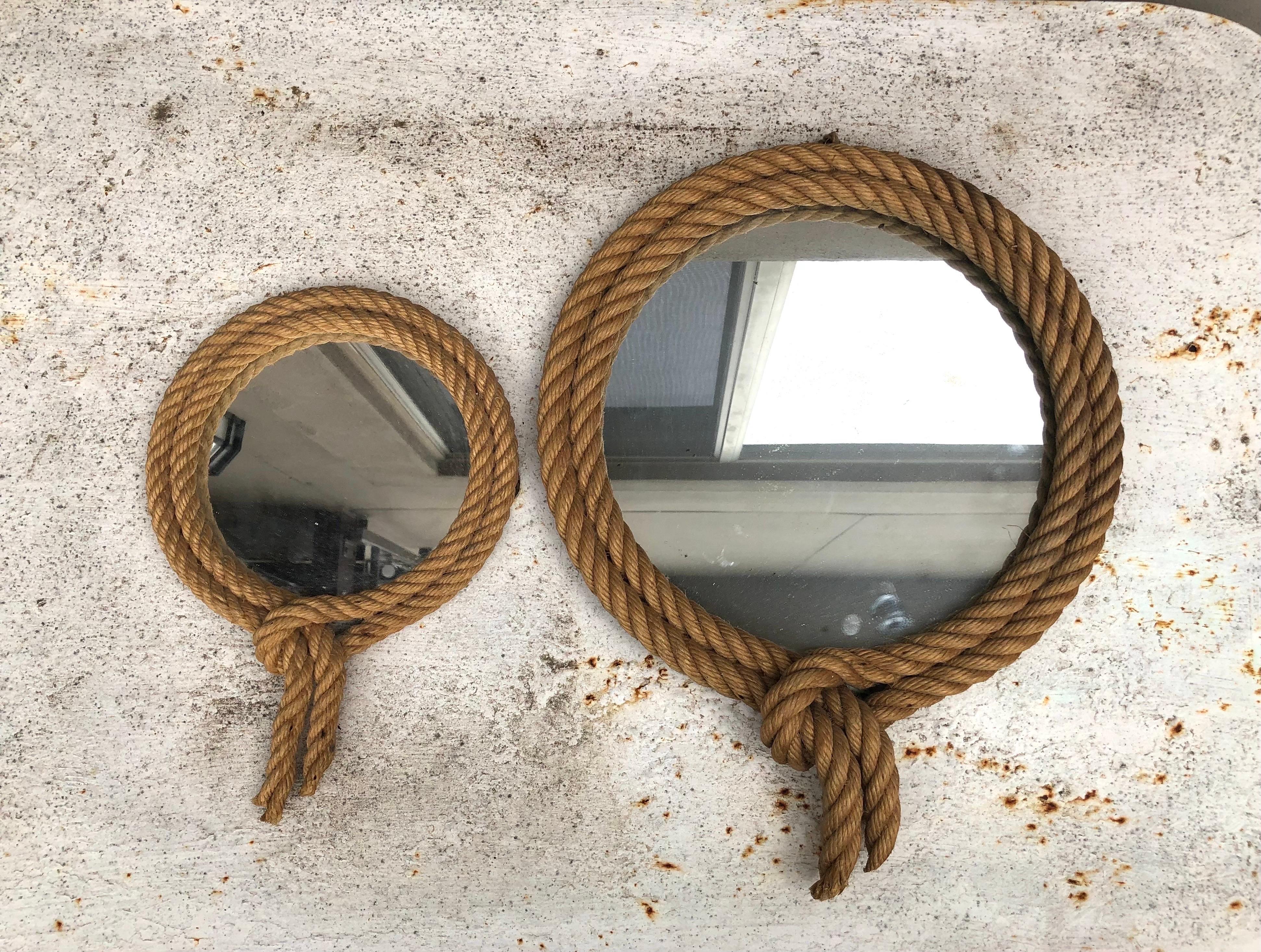 French Small Unusual Round Lariat Rope Mirror Audoux Minet, circa 1960